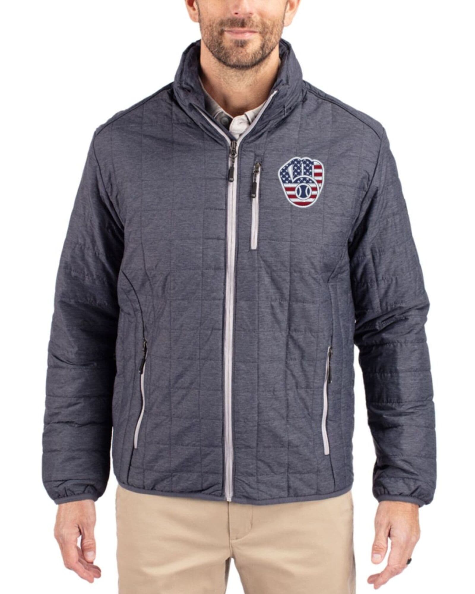 Men's Milwaukee Brewers Cutter & Buck Stars And Stripes Anthracite Melange Rainier Insulated Puffer Full Zip Jacket