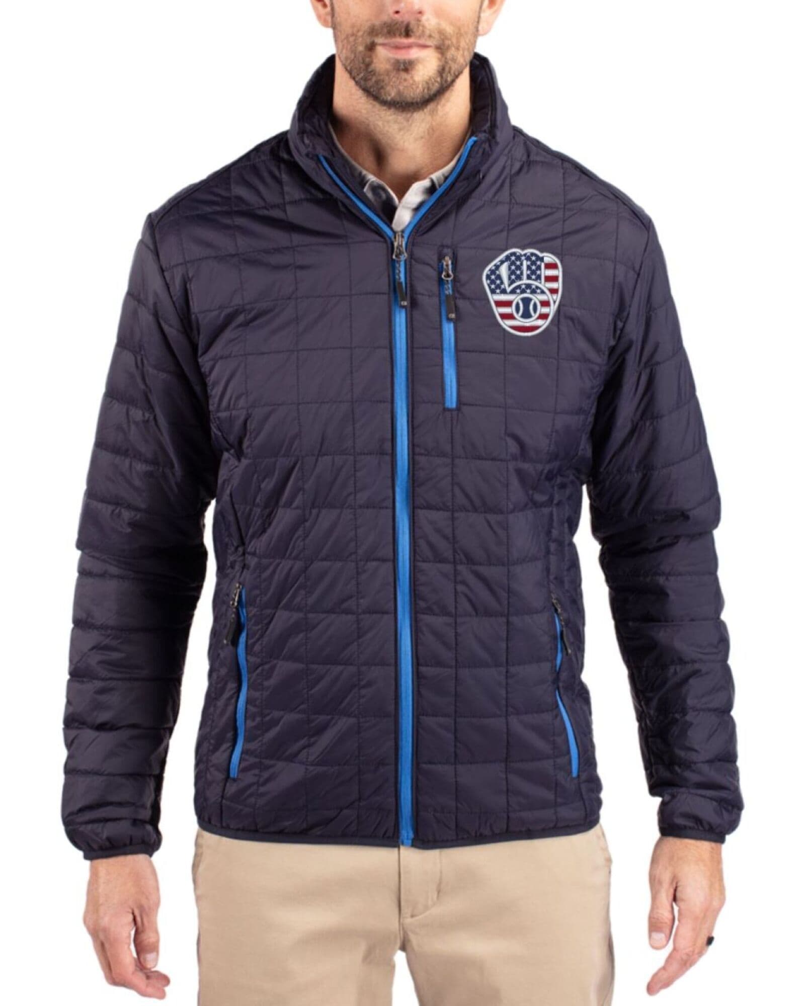 Men's Milwaukee Brewers Cutter & Buck Stars And Stripes Dark Navy Rainier Insulated Puffer Full Zip Jacket