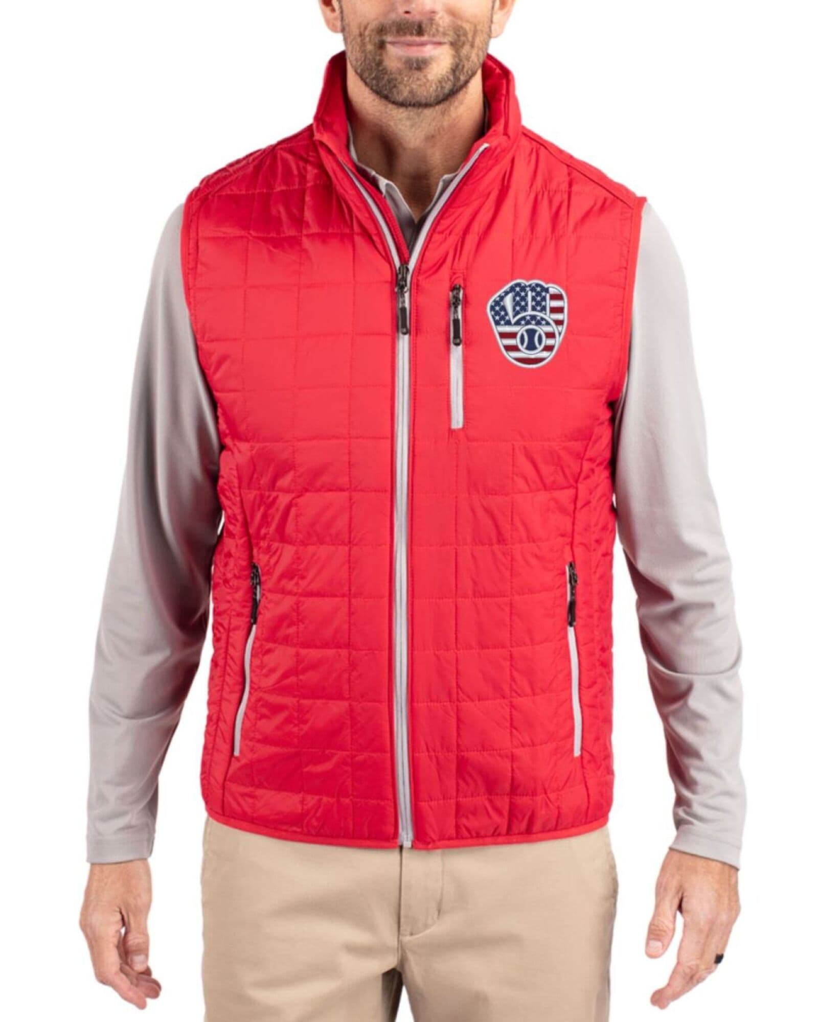 Men's Milwaukee Brewers Cutter & Buck Stars And Stripes Red Rainier Insulated Puffer Full Zip Vest