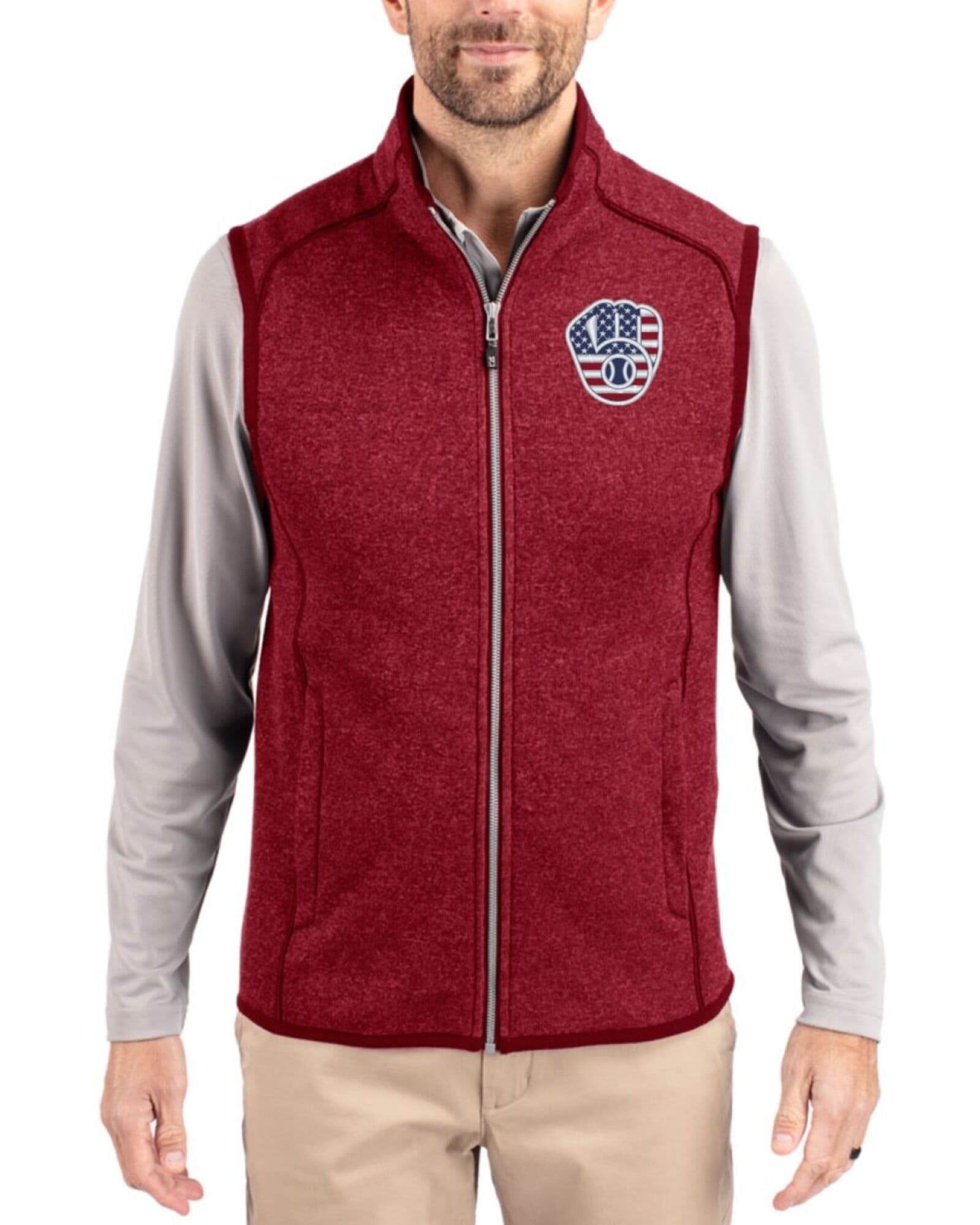 Men's Milwaukee Brewers Cutter & Buck Stars And Stripes Cardinal Red Heather Mainsail Sweater-Knit Full Zip Vest