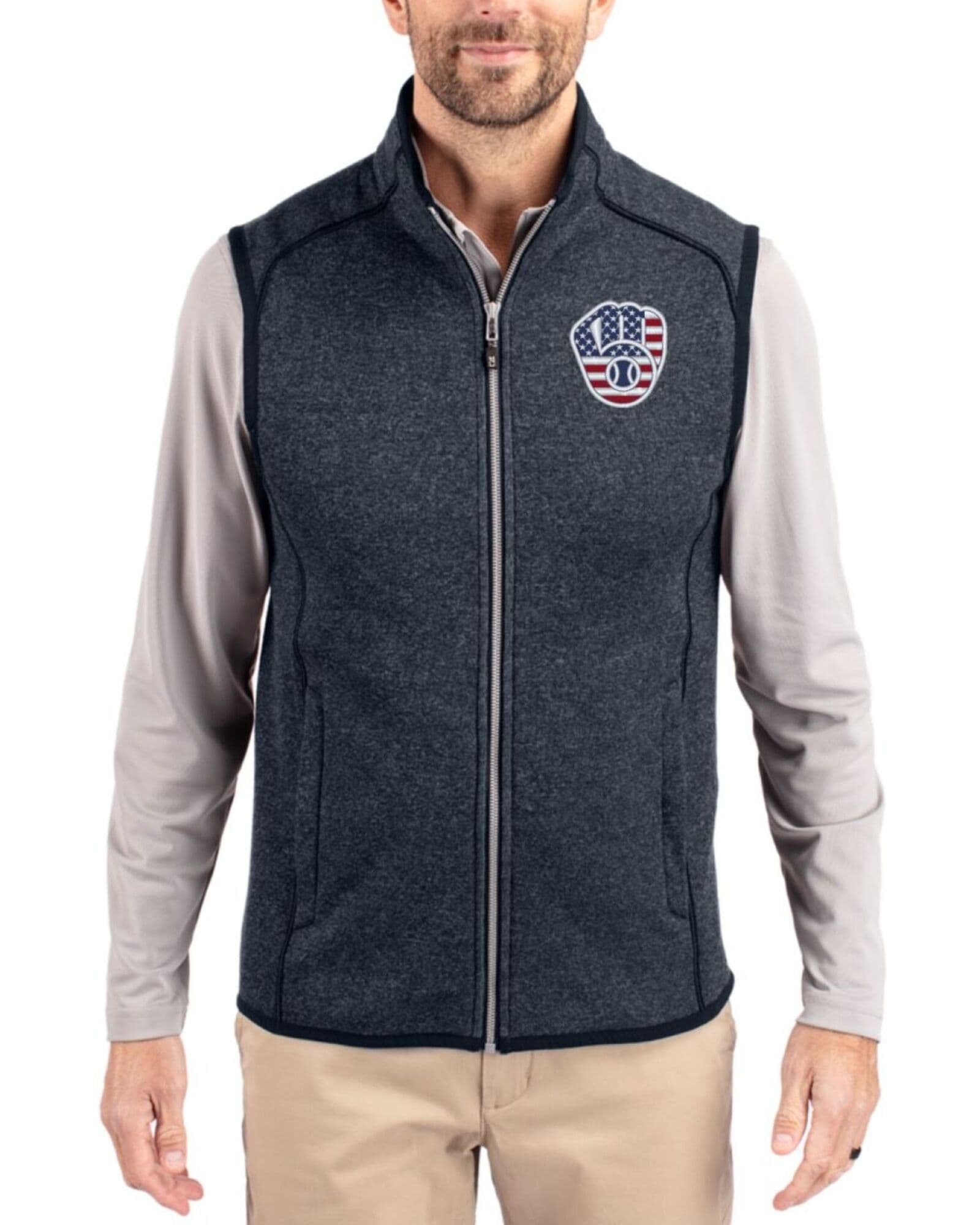 Men's Milwaukee Brewers Cutter & Buck Stars And Stripes Liberty Navy Heather Mainsail Sweater-Knit Full Zip Vest