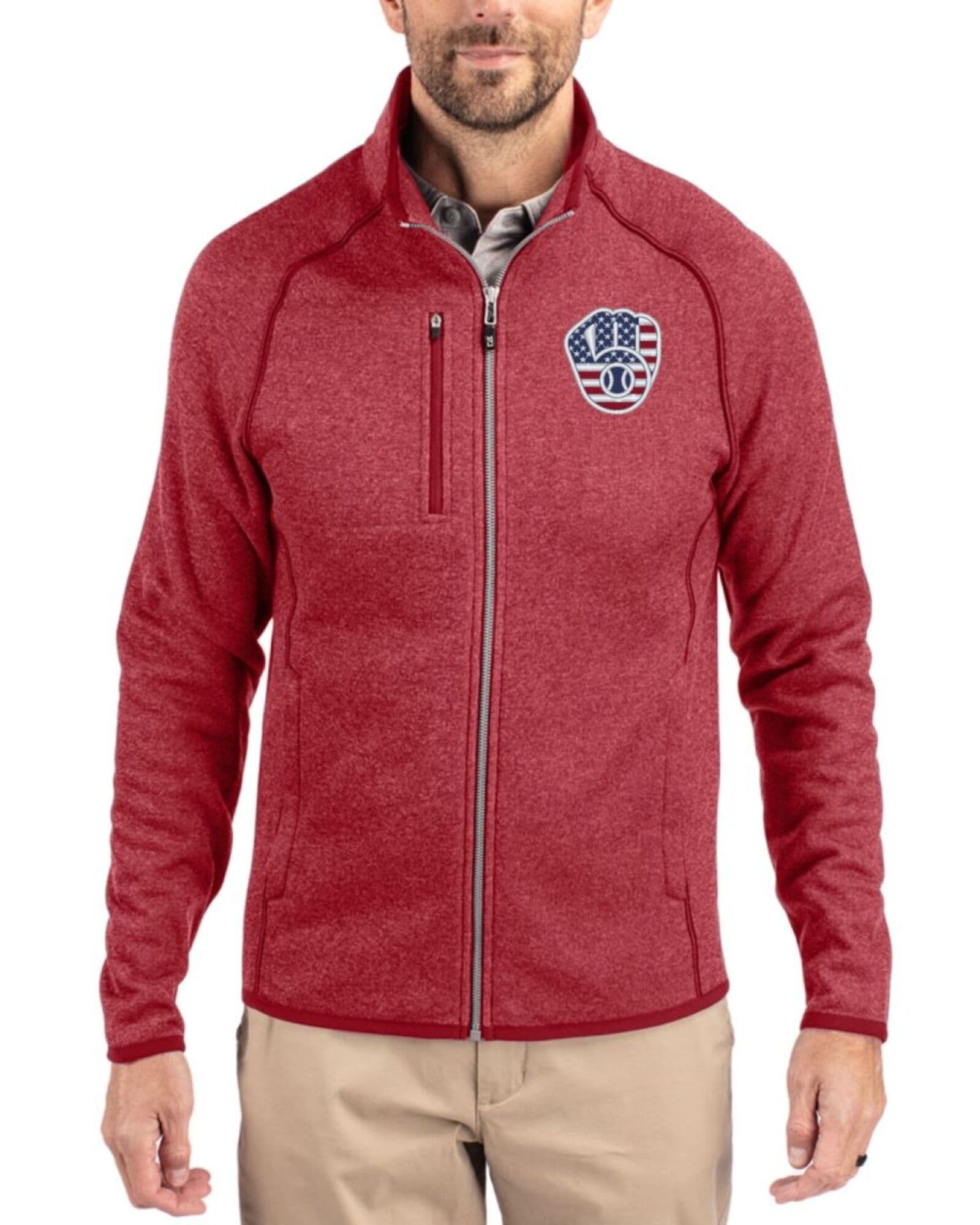 Men's Milwaukee Brewers Cutter & Buck Stars And Stripes Cardinal Red Heather Mainsail Sweater-Knit Full Zip Jacket