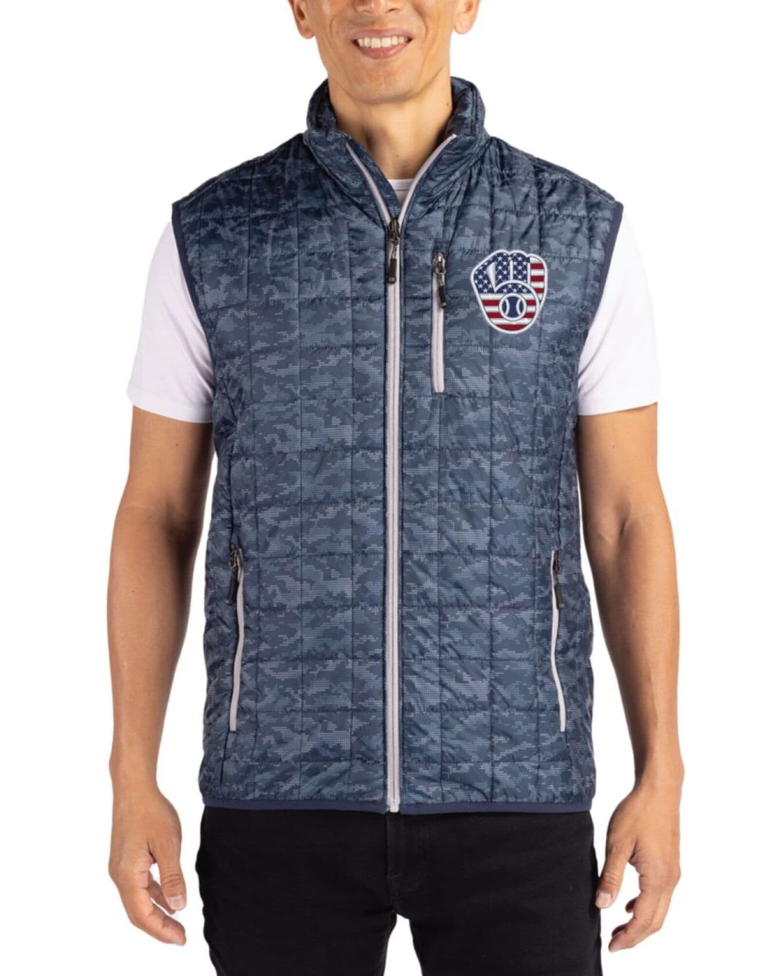 Men's Milwaukee Brewers Cutter & Buck Stars And Stripes Dark Navy Rainier Insulated Printed Puffer Full Zip Vest