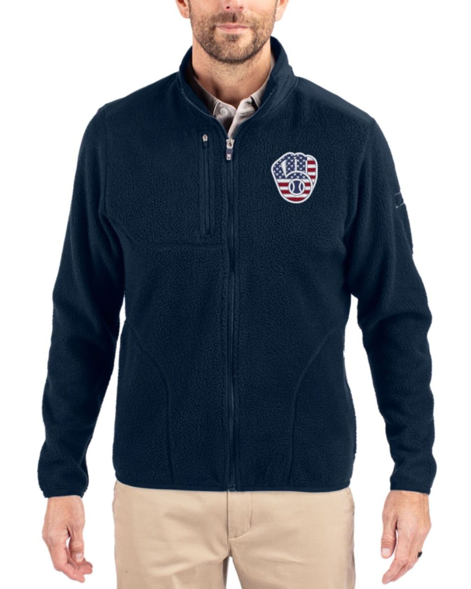 Men's Milwaukee Brewers Cutter & Buck Stars And Stripes Navy Blue Cascade Epic Comfort Sherpa Fleece Full Zip Jacket