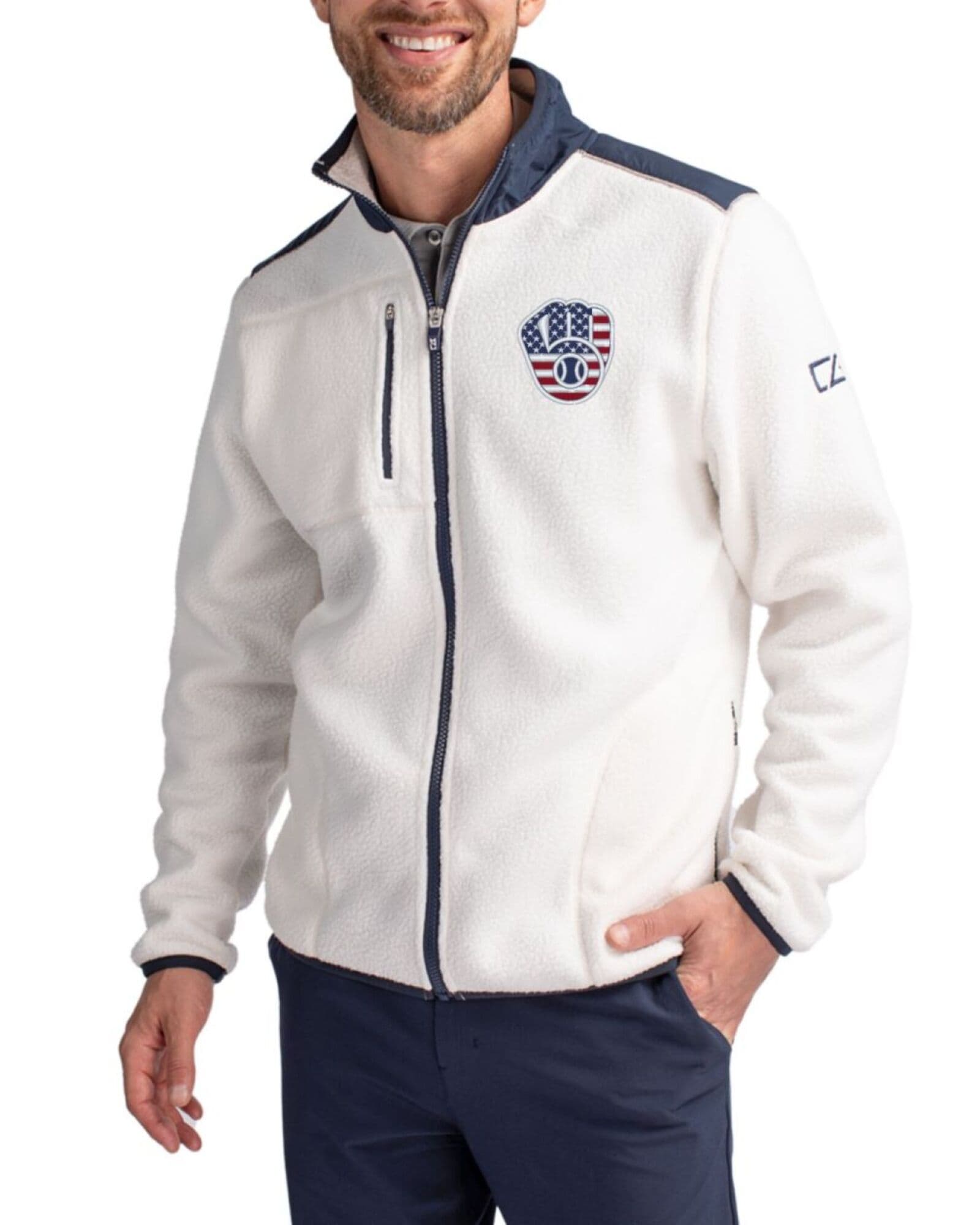 Men's Milwaukee Brewers Cutter & Buck Stars And Stripes Shell/Navy Blue Cascade Epic Comfort Sherpa Fleece Full Zip Jacket