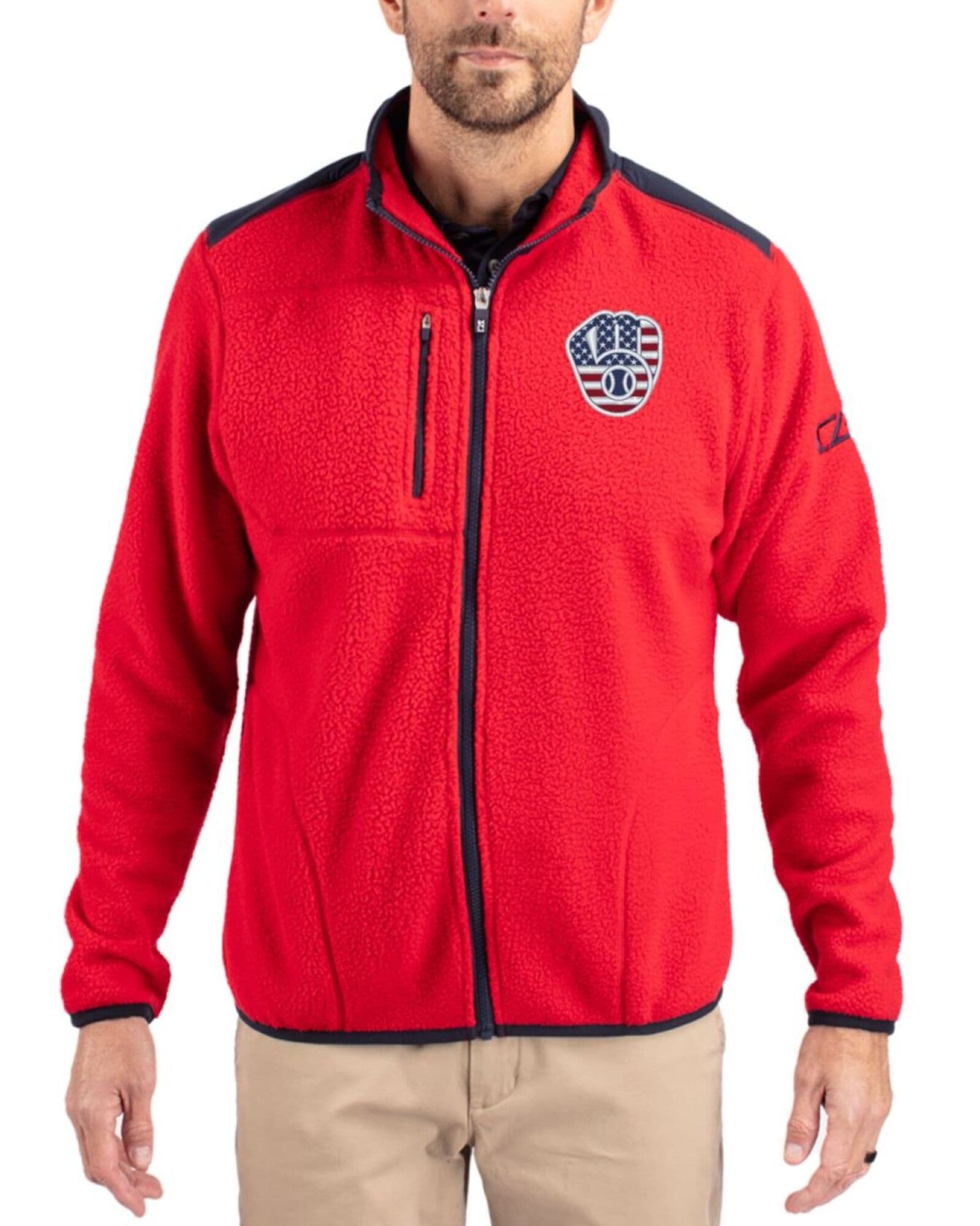 Men's Milwaukee Brewers Cutter & Buck Stars And Stripes Red/Navy Blue Cascade Epic Comfort Sherpa Fleece Full Zip Jacket