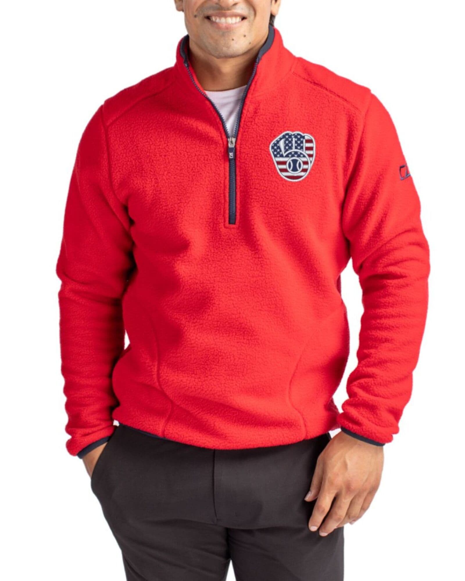 Men's Milwaukee Brewers Cutter & Buck Stars And Stripes Red/Navy Blue Cascade Epic Comfort Sherpa Fleece Quarter Zip Jacket