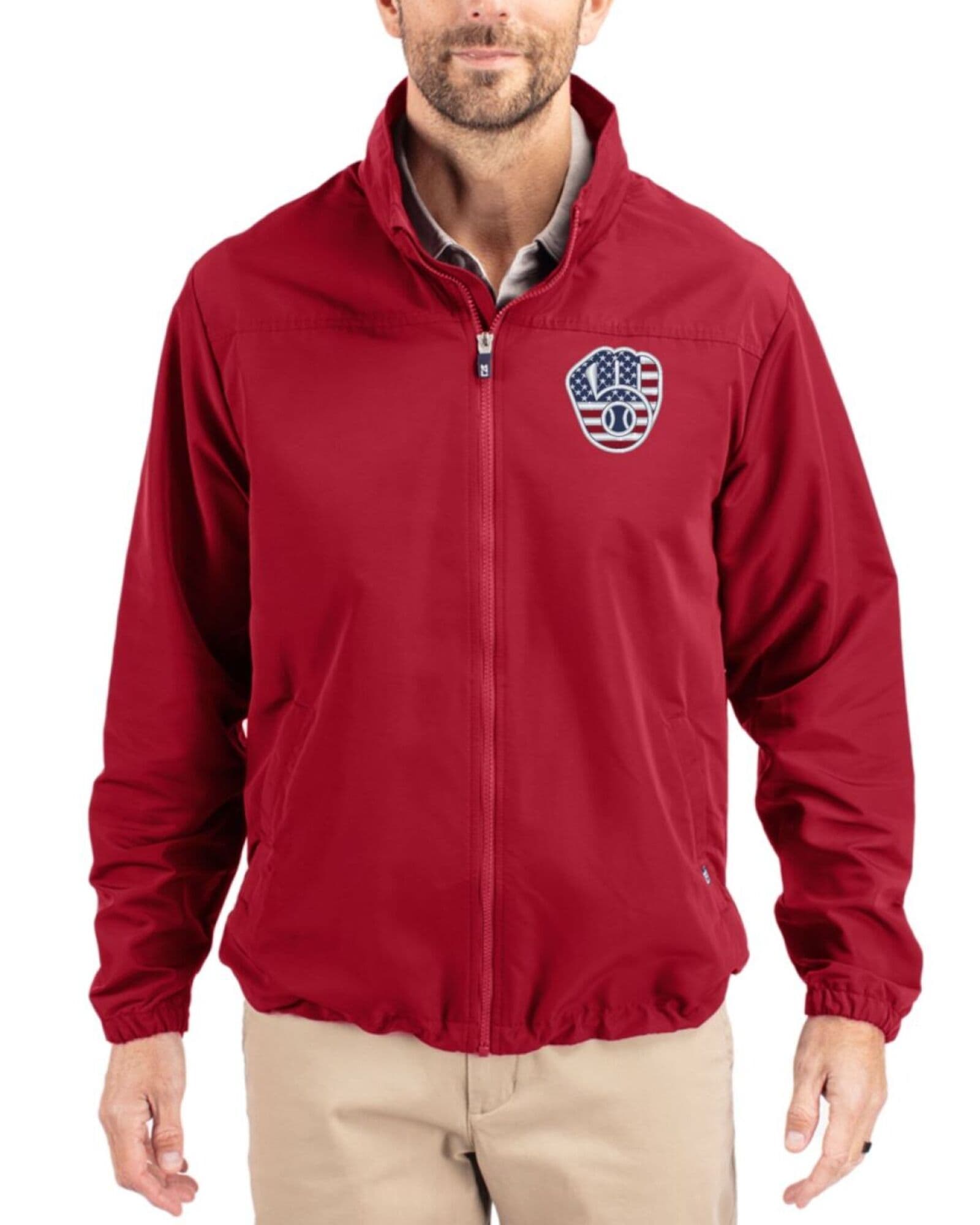 Men's Milwaukee Brewers Cutter & Buck Stars And Stripes Cardinal Red Charter Packable Full Zip Jacket