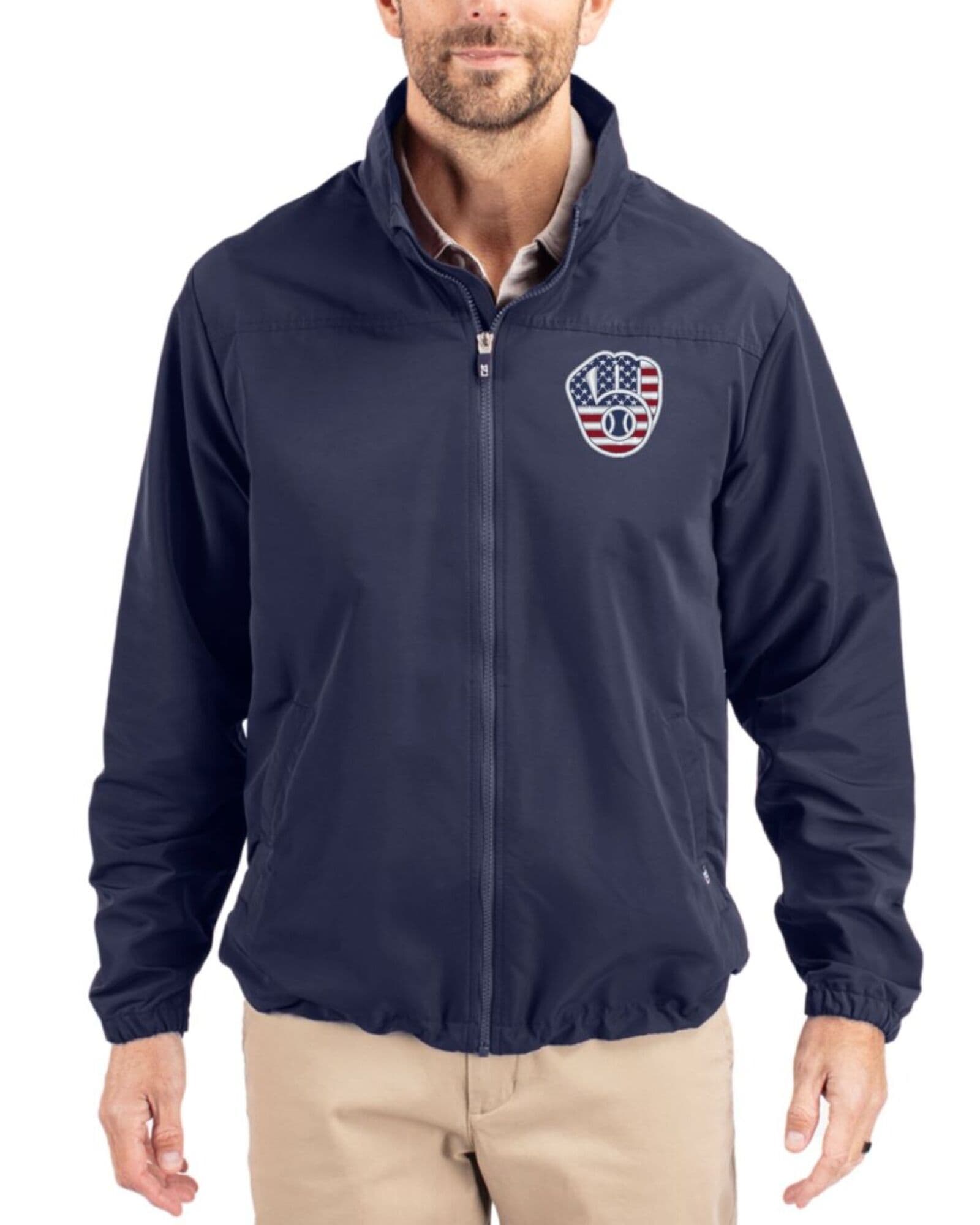 Men's Milwaukee Brewers Cutter & Buck Stars And Stripes Navy Blue Charter Packable Full Zip Jacket