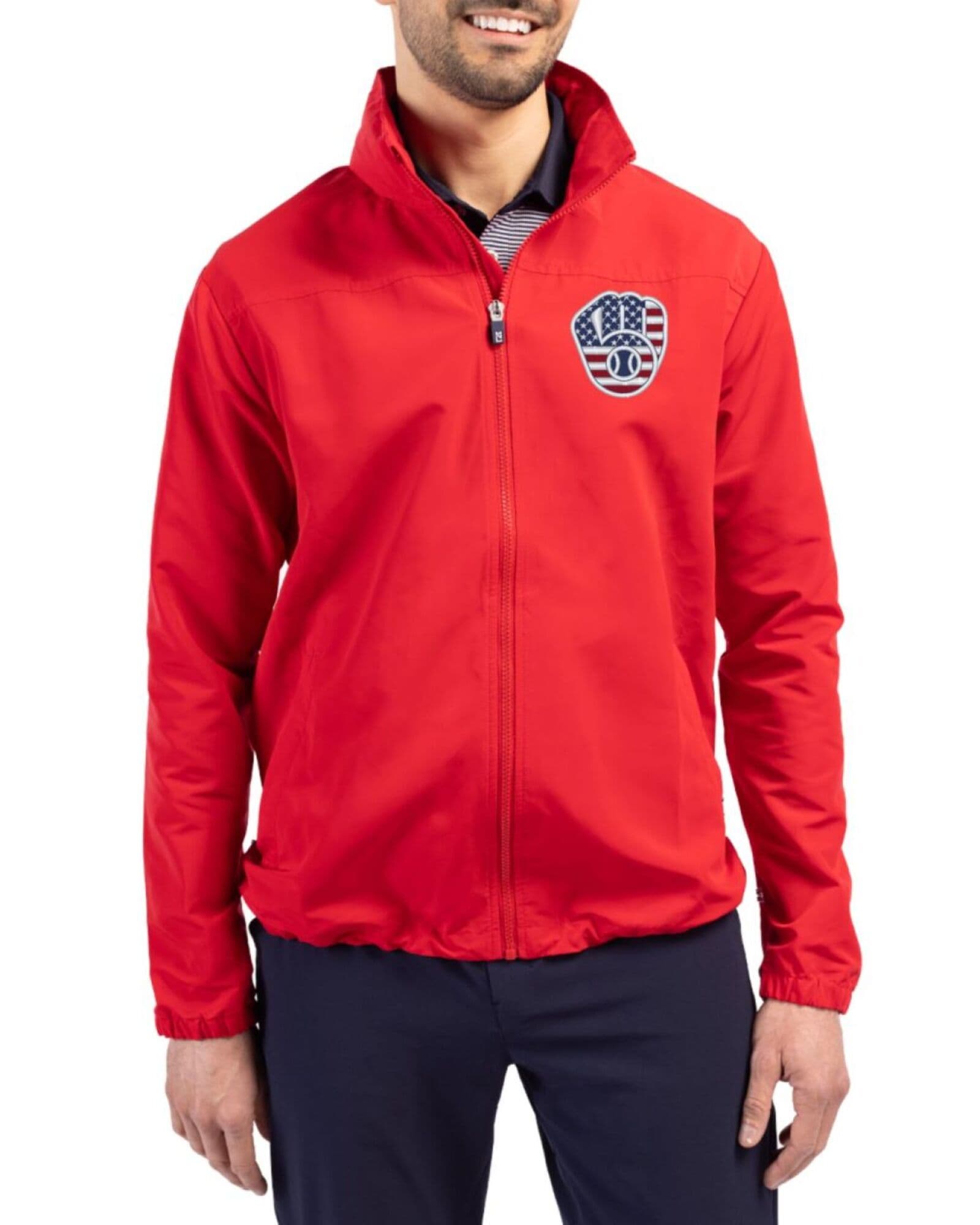 Men's Milwaukee Brewers Cutter & Buck Stars And Stripes Red Charter Packable Full Zip Jacket