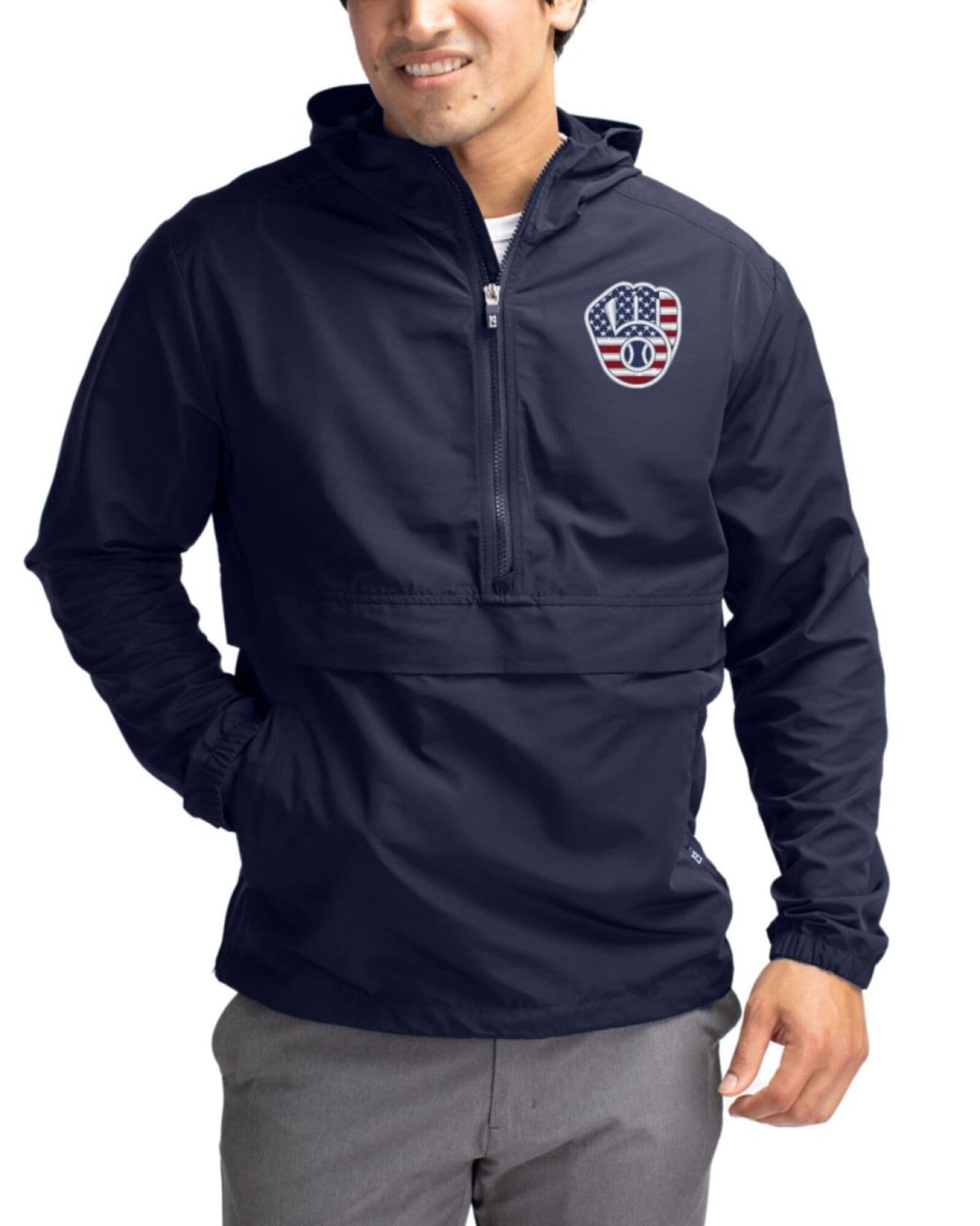 Men's Milwaukee Brewers Cutter & Buck Stars And Stripes Navy Blue Charter Packable Half Zip Anorak Jacket