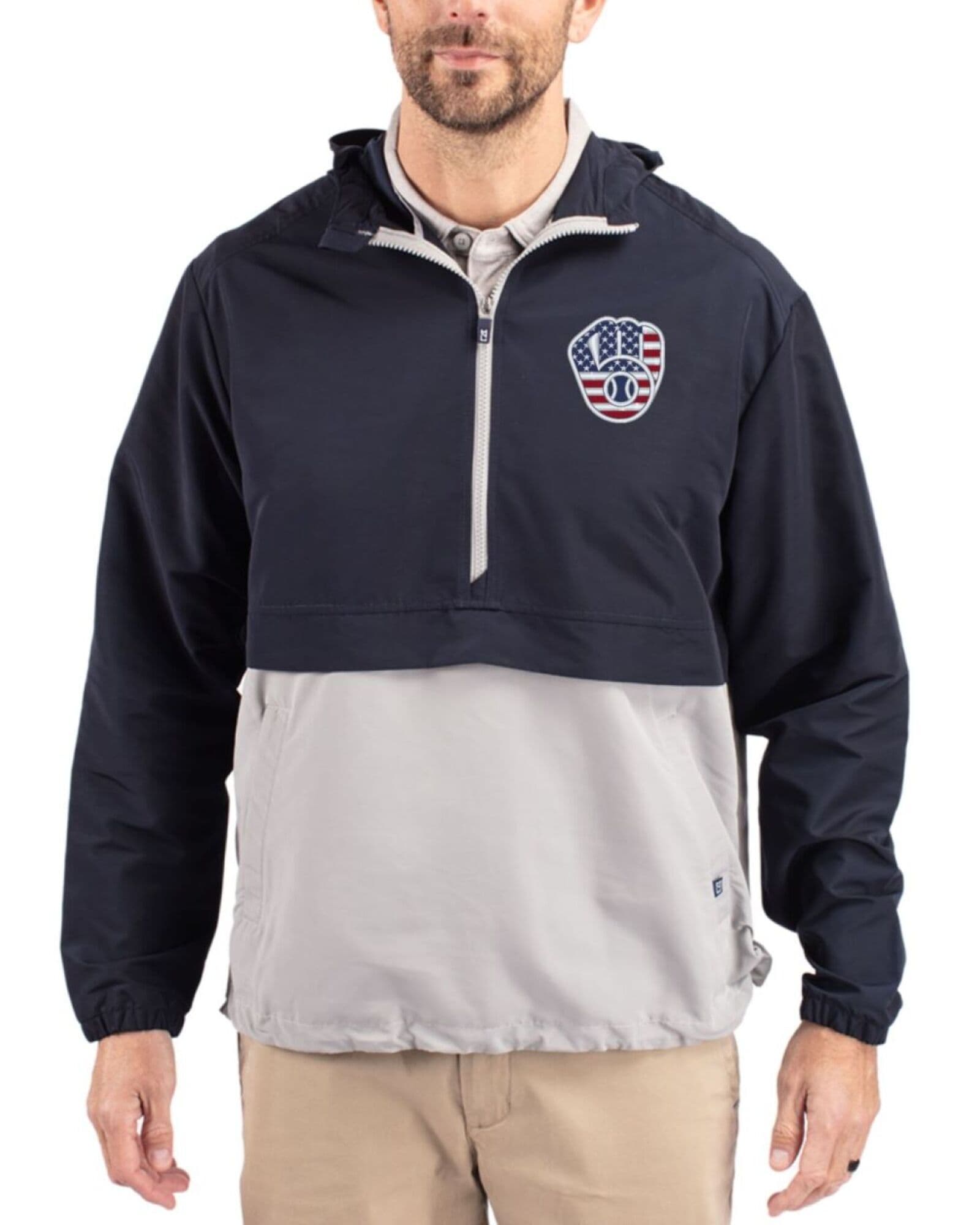 Men's Milwaukee Brewers Cutter & Buck Stars And Stripes Navy Blue/Polished Charter Packable Half Zip Anorak Jacket