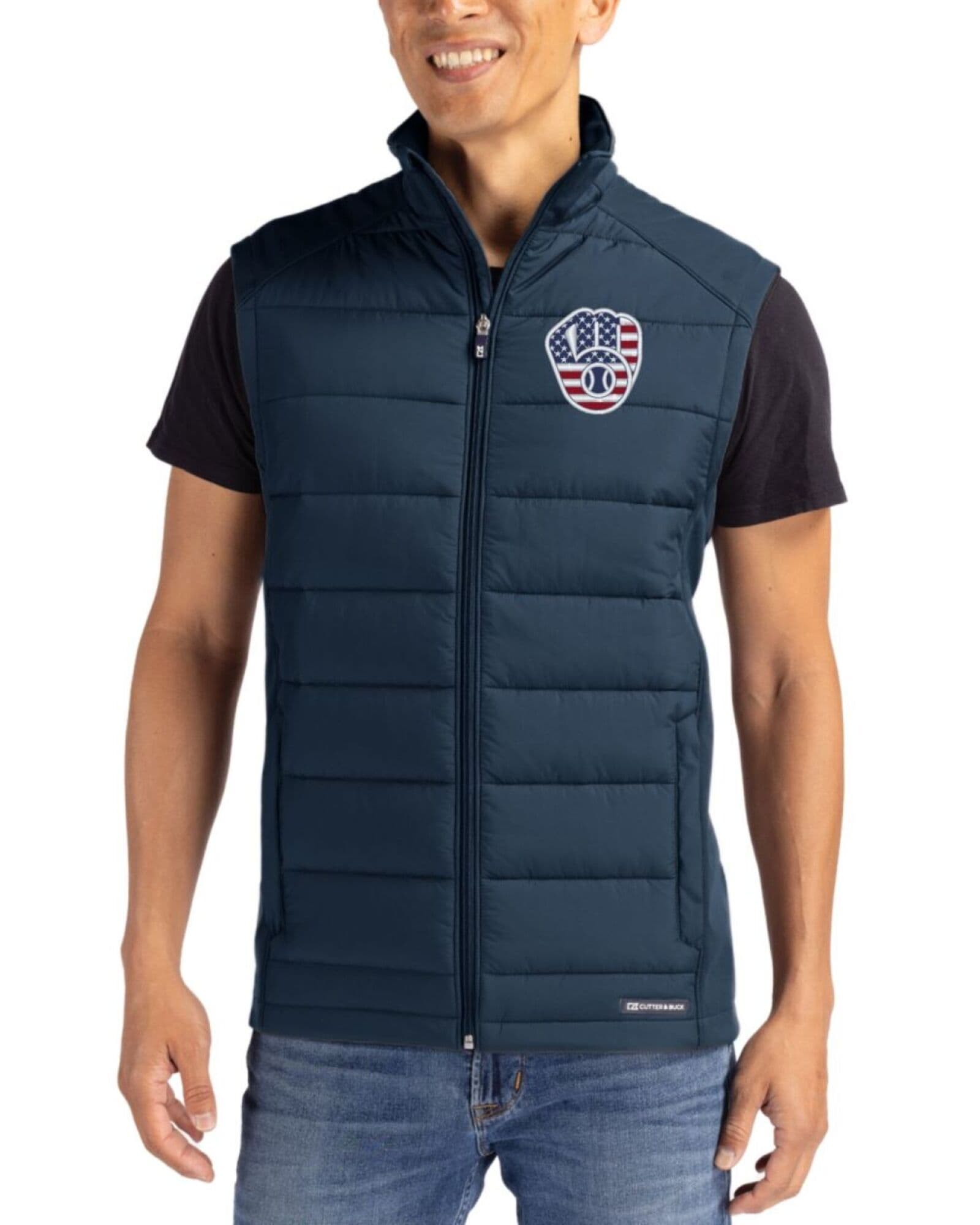 Men's Milwaukee Brewers Cutter & Buck Stars And Stripes Navy Blue Evoke Honeycomb Fleece Hybrid Full Zip Vest
