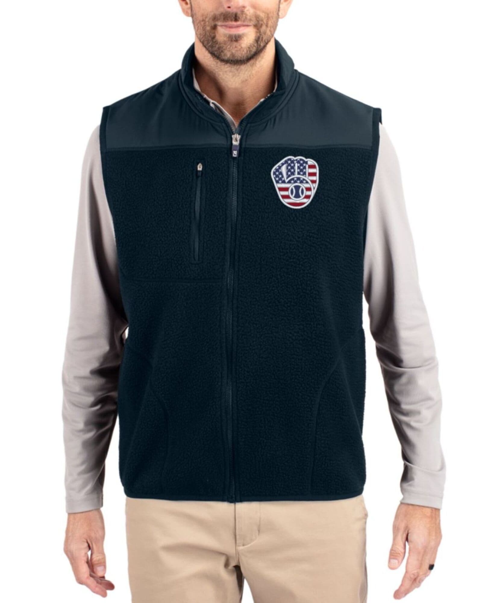 Men's Milwaukee Brewers Cutter & Buck Stars And Stripes Navy Blue Cascade Epic Comfort Sherpa Fleece Full Zip Vest
