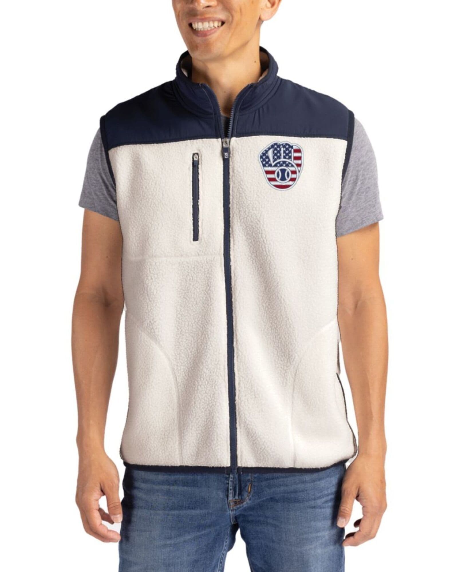 Men's Milwaukee Brewers Cutter & Buck Stars And Stripes Shell/Navy Blue Cascade Epic Comfort Sherpa Fleece Full Zip Vest