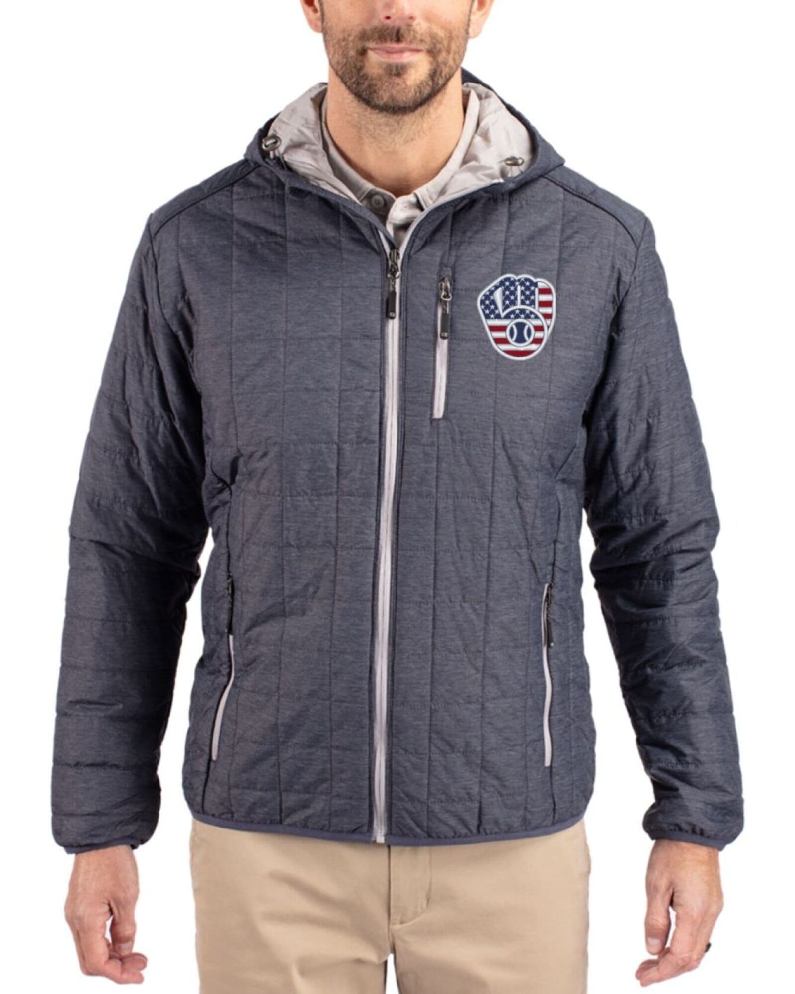 Men's Milwaukee Brewers Cutter & Buck Stars And Stripes Anthracite Melange Rainier Insulated Puffer Full Zip Hooded Jacket