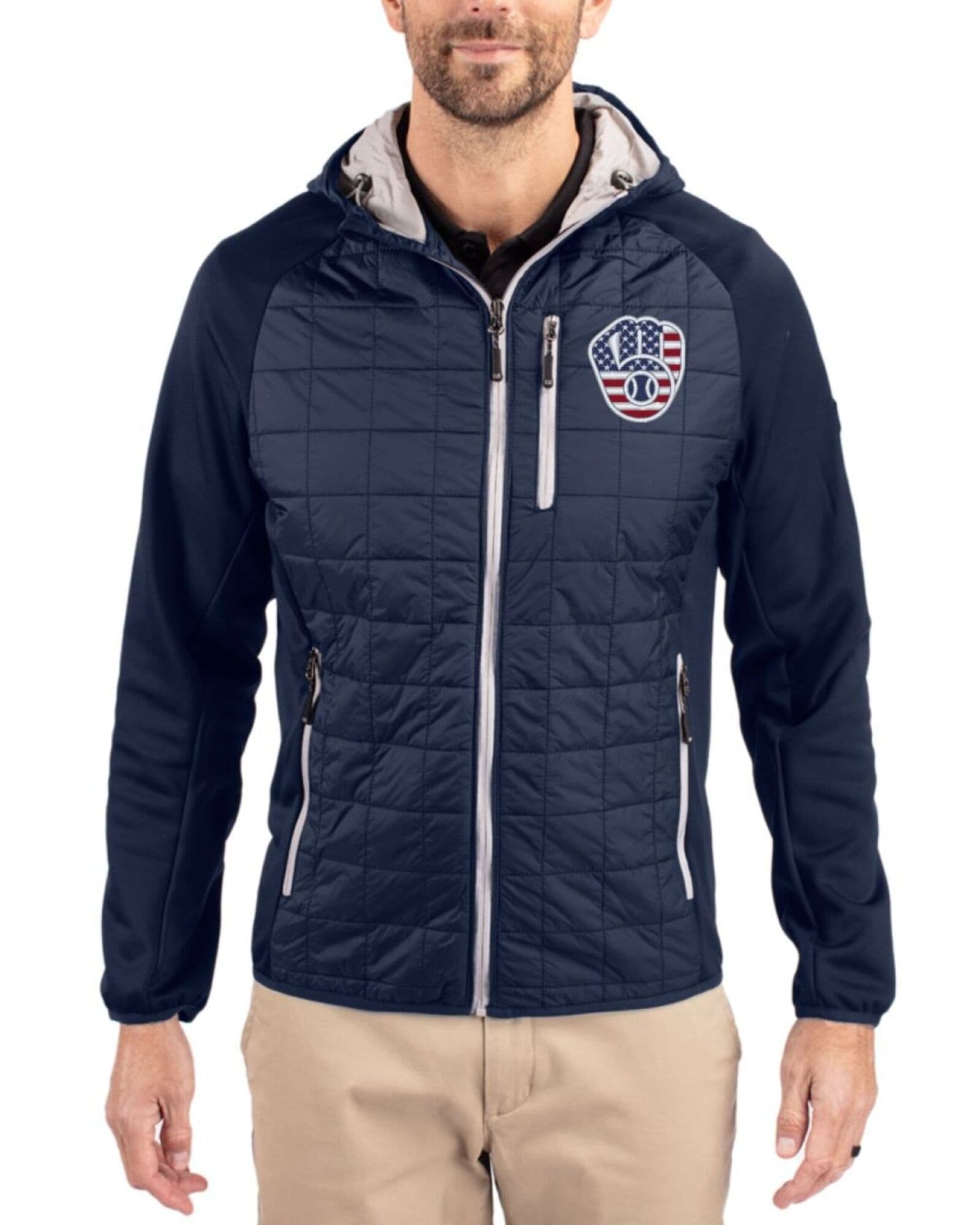 Men's Milwaukee Brewers Cutter & Buck Stars And Stripes Dark Navy Rainier Insulated Hybrid Puffer Full Zip Jacket