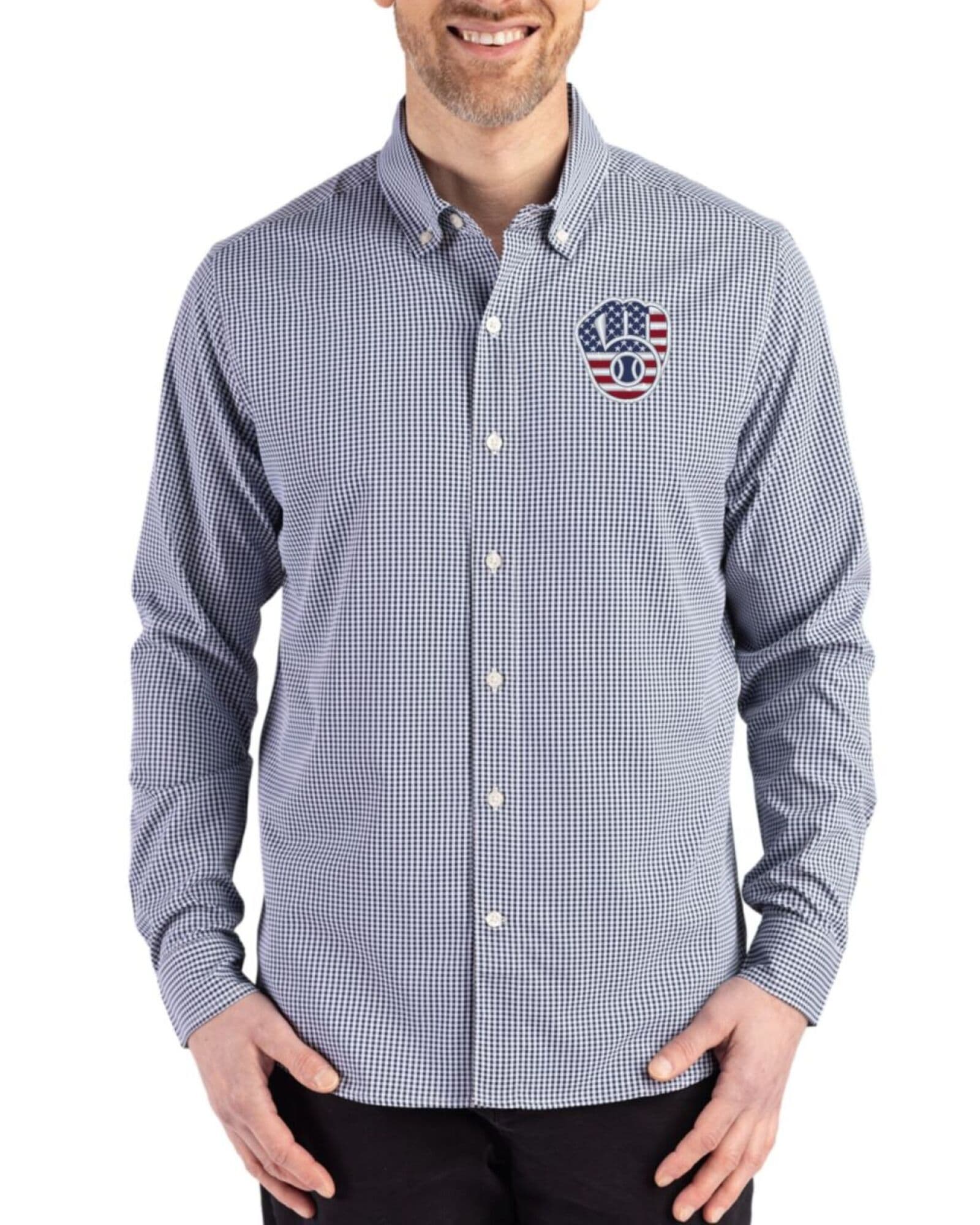 Men's Milwaukee Brewers Cutter & Buck Stars And Stripes Navy Blue/White Skyline Gingham Long Sleeve Button Down Dress Shirt