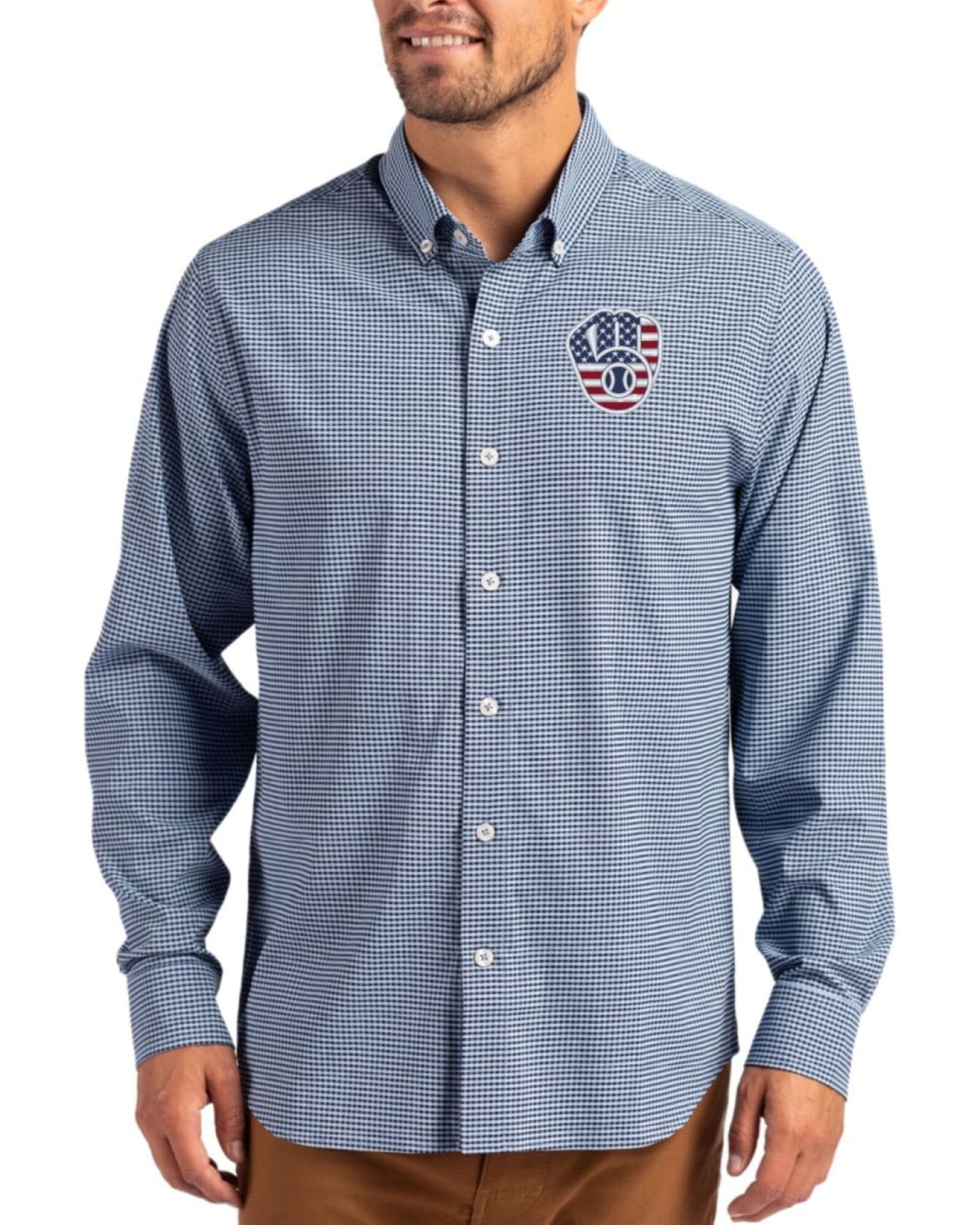 Men's Milwaukee Brewers Cutter & Buck Stars And Stripes Pale Blue/Navy Blue Skyline Gingham Long Sleeve Button Down Dress Shirt