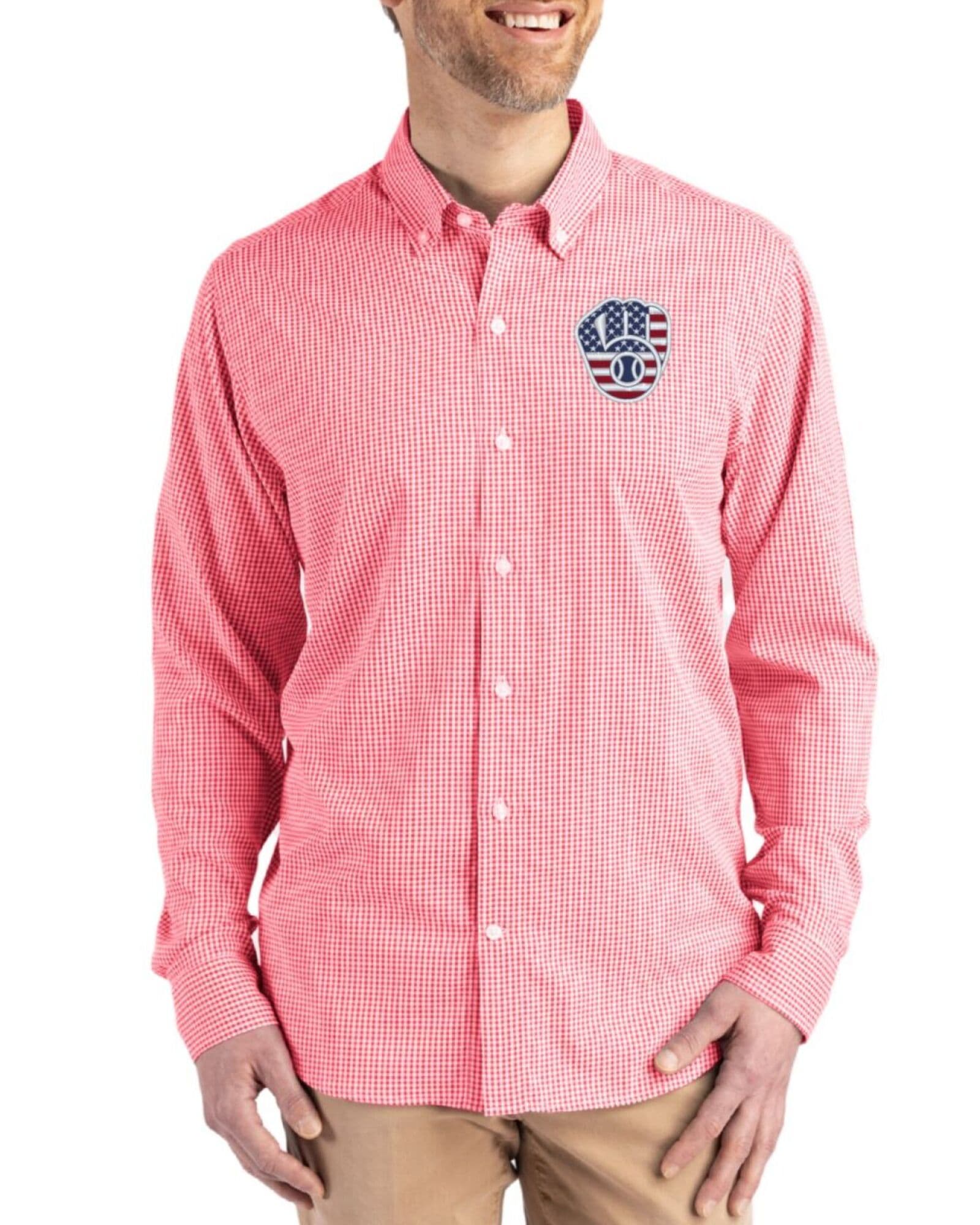 Men's Milwaukee Brewers Cutter & Buck Stars And Stripes Red/White Skyline Gingham Long Sleeve Button Down Dress Shirt