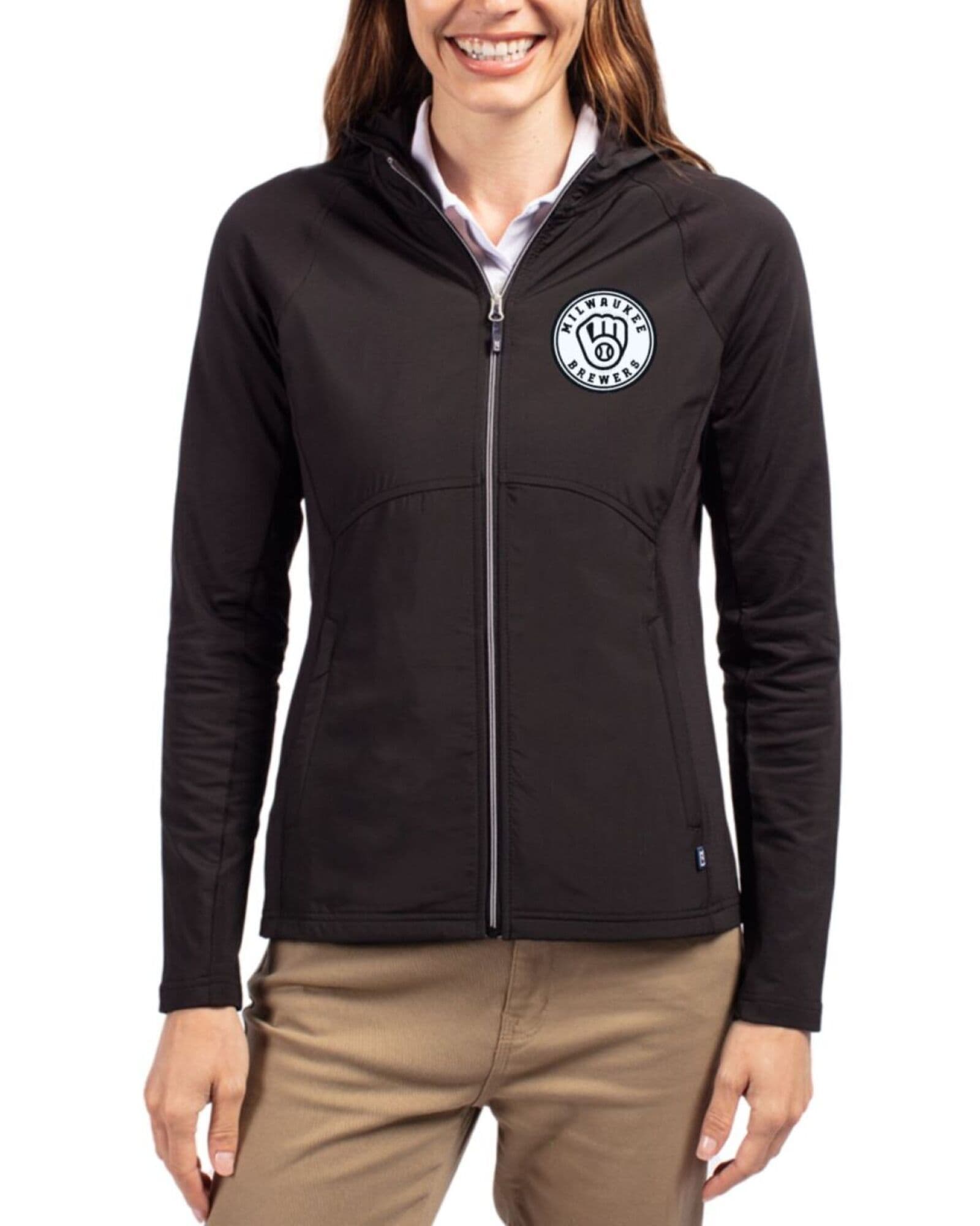 Women's Milwaukee Brewers Cutter & Buck Mono Black Adapt Soft Knit Stretch Hybrid Full Zip Jacket