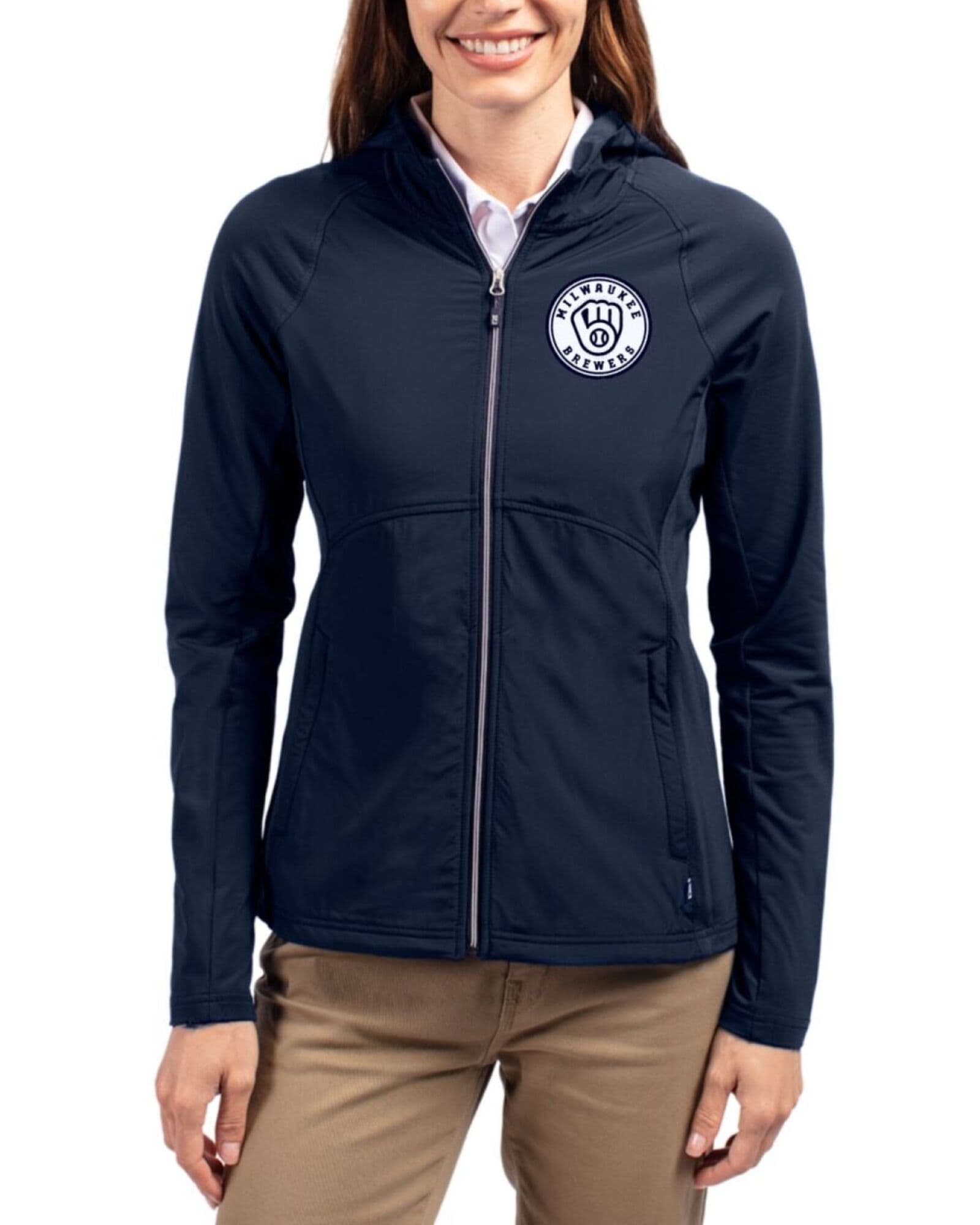 Women's Milwaukee Brewers Cutter & Buck Mono Navy Blue Adapt Soft Knit Stretch Hybrid Full Zip Jacket
