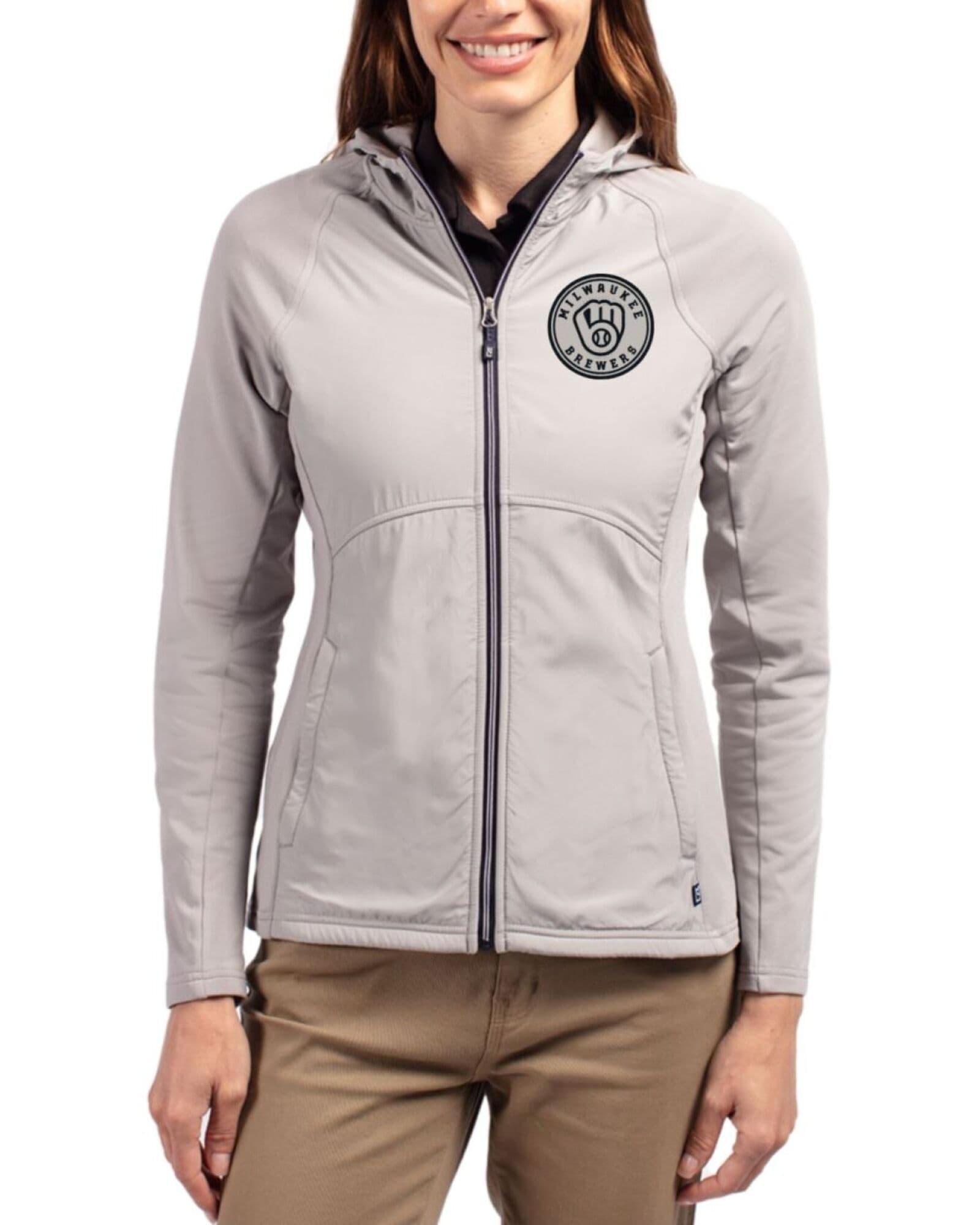 Women's Milwaukee Brewers Cutter & Buck Mono Polished Adapt Soft Knit Stretch Hybrid Full Zip Jacket