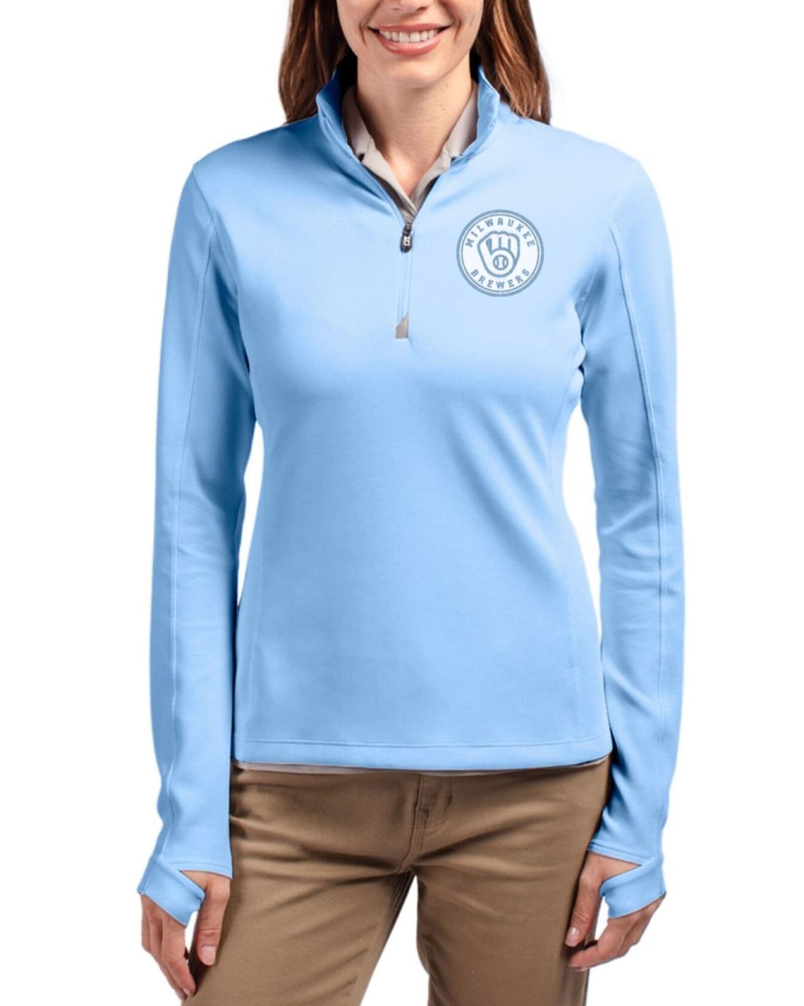 Women's Milwaukee Brewers Cutter & Buck Mono Atlas Traverse Smooth Stretch Quarter Zip Pullover