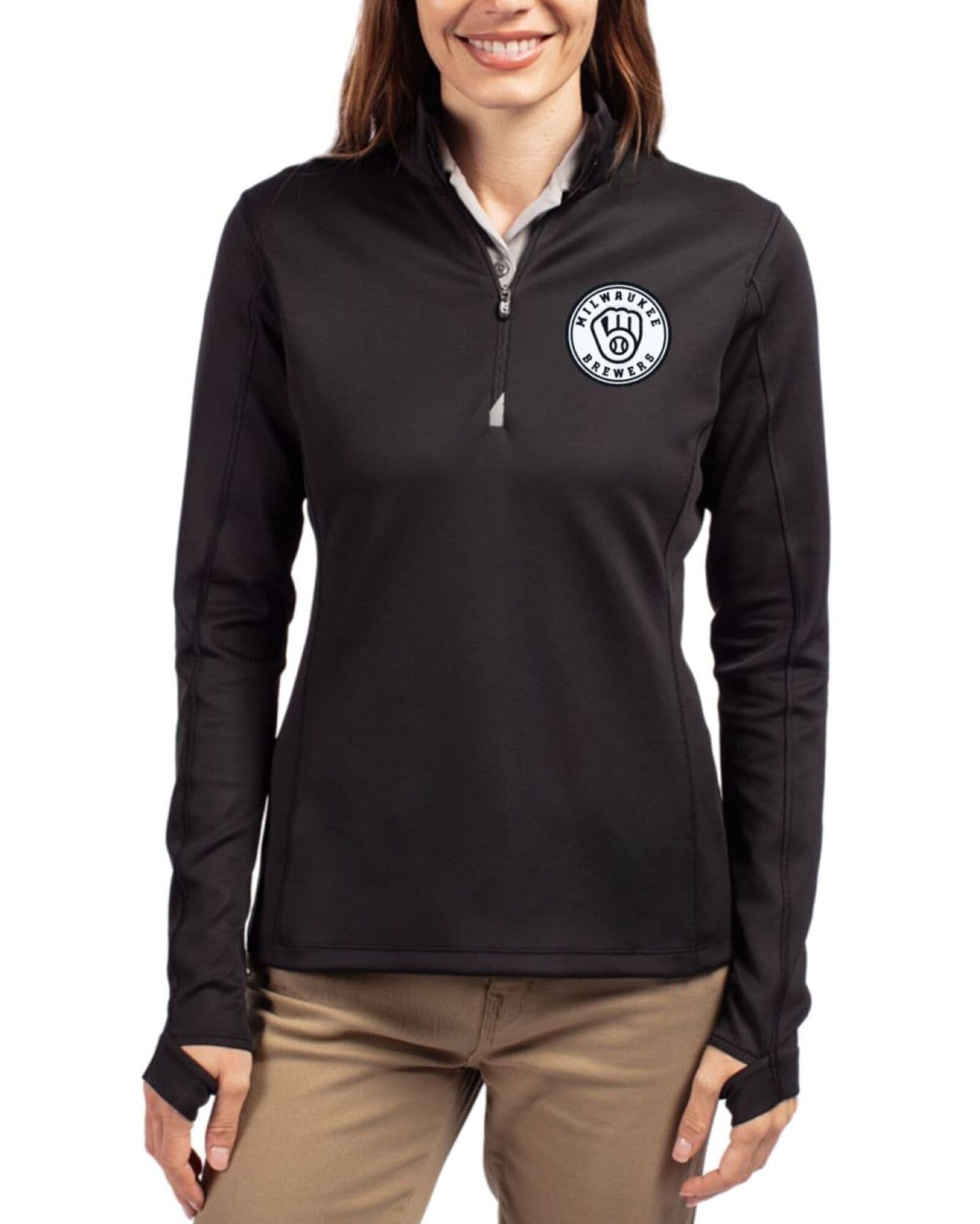 Women's Milwaukee Brewers Cutter & Buck Mono Black Traverse Smooth Stretch Quarter Zip Pullover