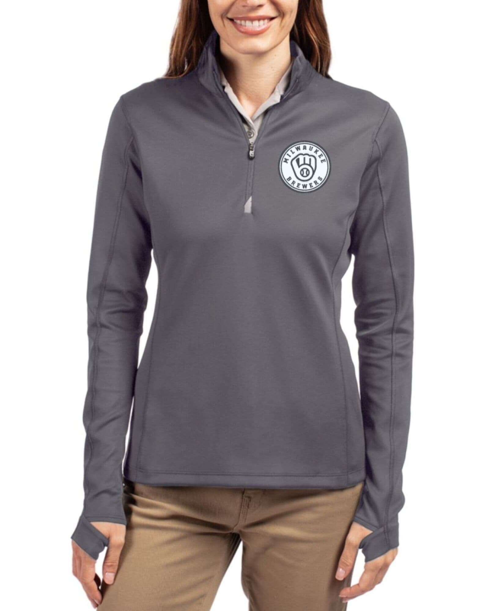 Women's Milwaukee Brewers Cutter & Buck Mono Elemental Grey Traverse Smooth Stretch Quarter Zip Pullover