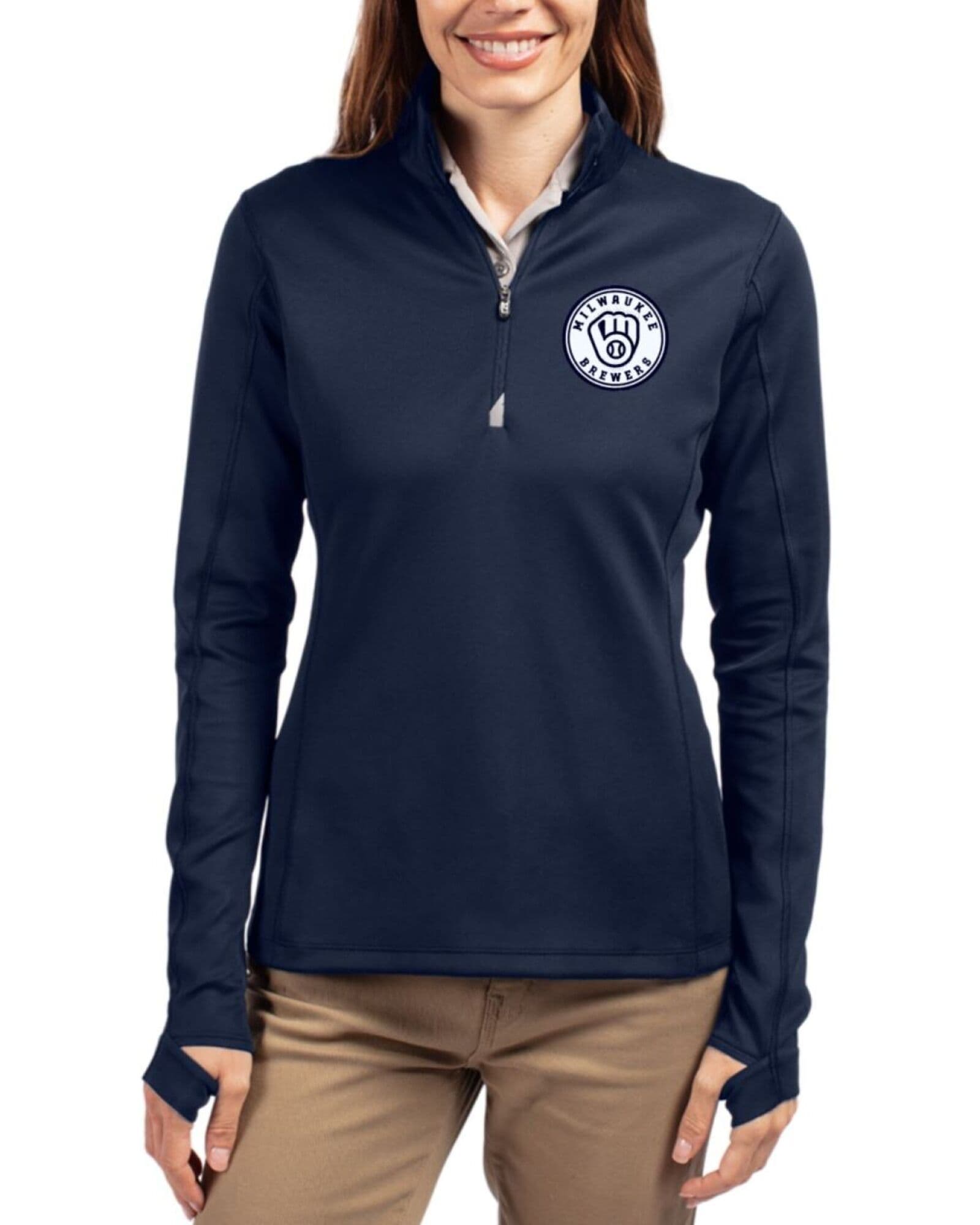 Women's Milwaukee Brewers Cutter & Buck Mono Liberty Navy Traverse Smooth Stretch Quarter Zip Pullover
