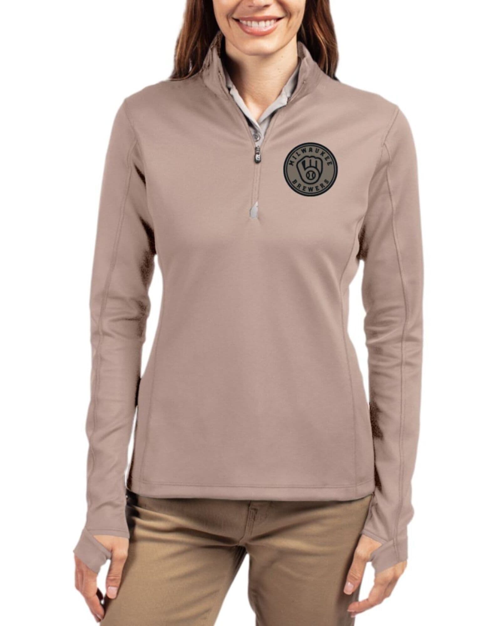 Women's Milwaukee Brewers Cutter & Buck Mono Mushroom Traverse Smooth Stretch Quarter Zip Pullover