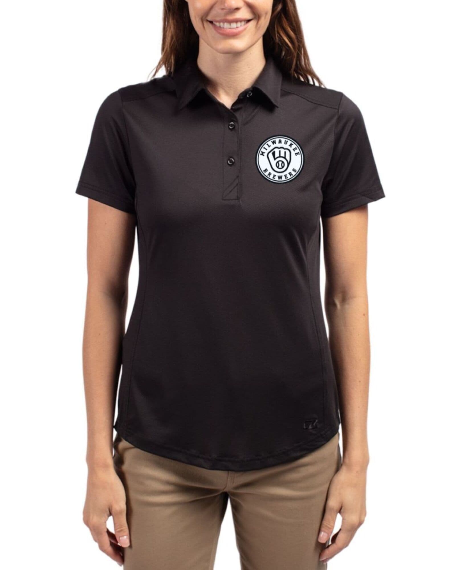 Women's Milwaukee Brewers Cutter & Buck Mono Black Prospect Featherlight Stretch Polo