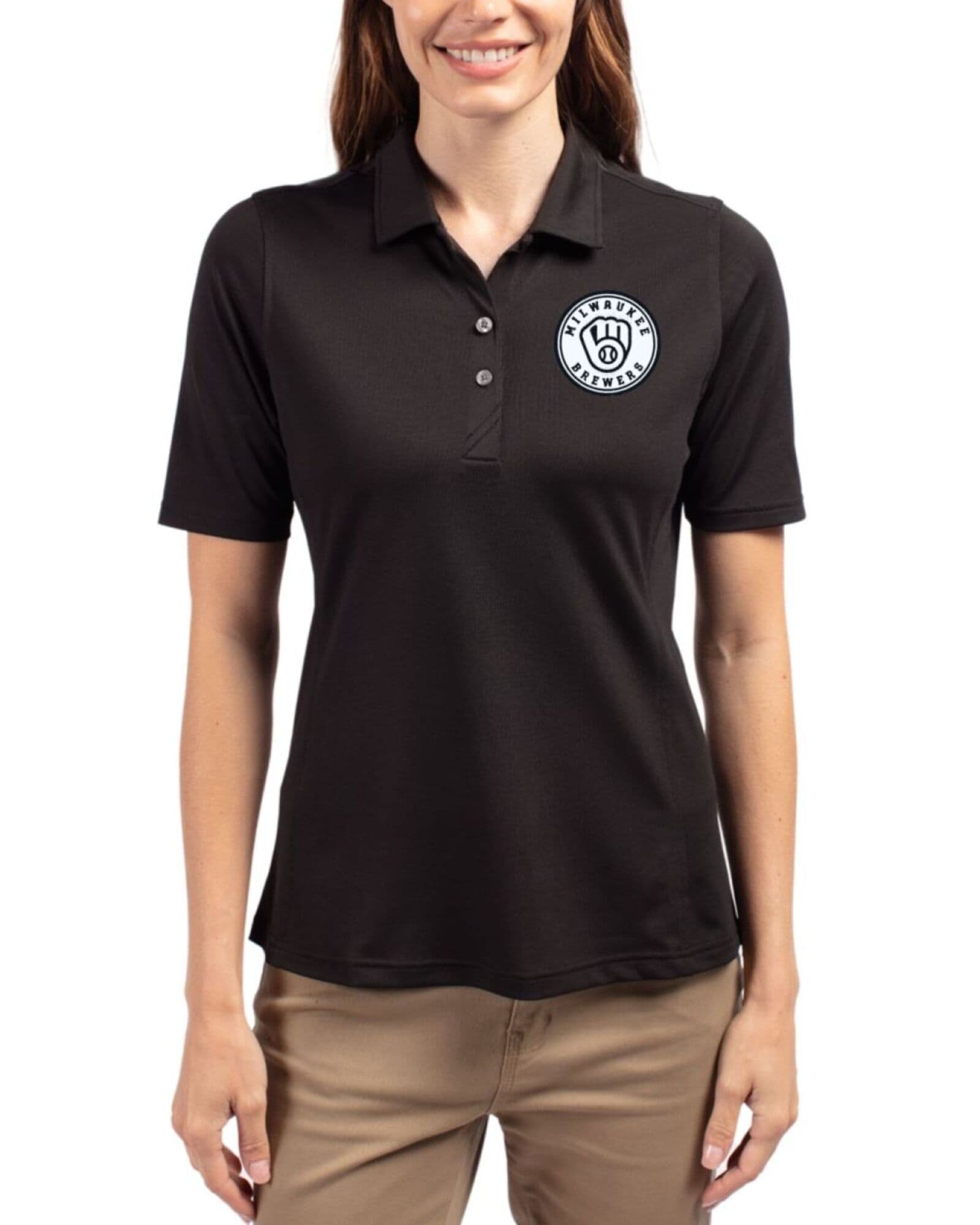 Women's Milwaukee Brewers Cutter & Buck Mono Black Virtue Featherlight Pique Polo