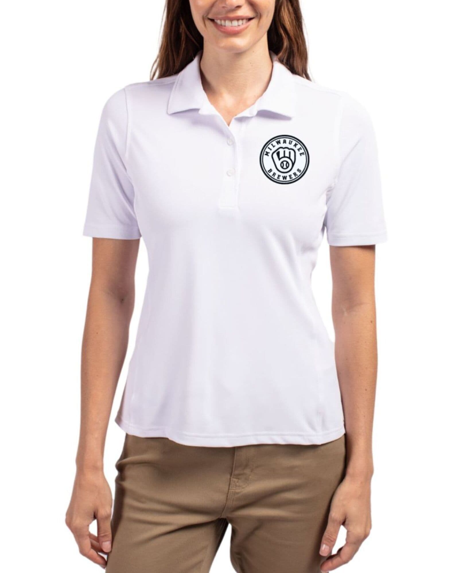 Women's Milwaukee Brewers Cutter & Buck Mono White Virtue Featherlight Pique Polo