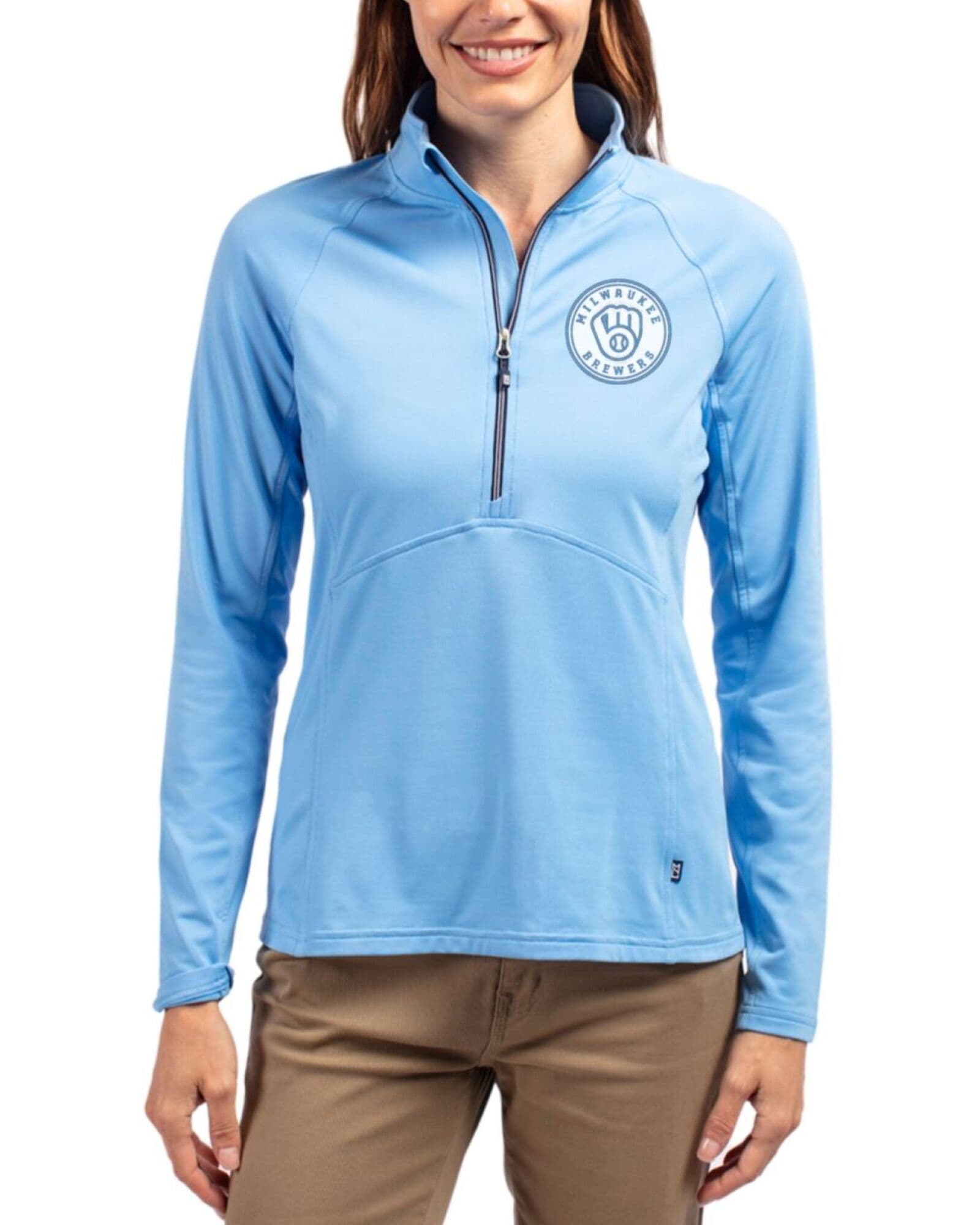 Women's Milwaukee Brewers Cutter & Buck Mono Atlas Adapt Soft Knit Stretch Half Zip Pullover
