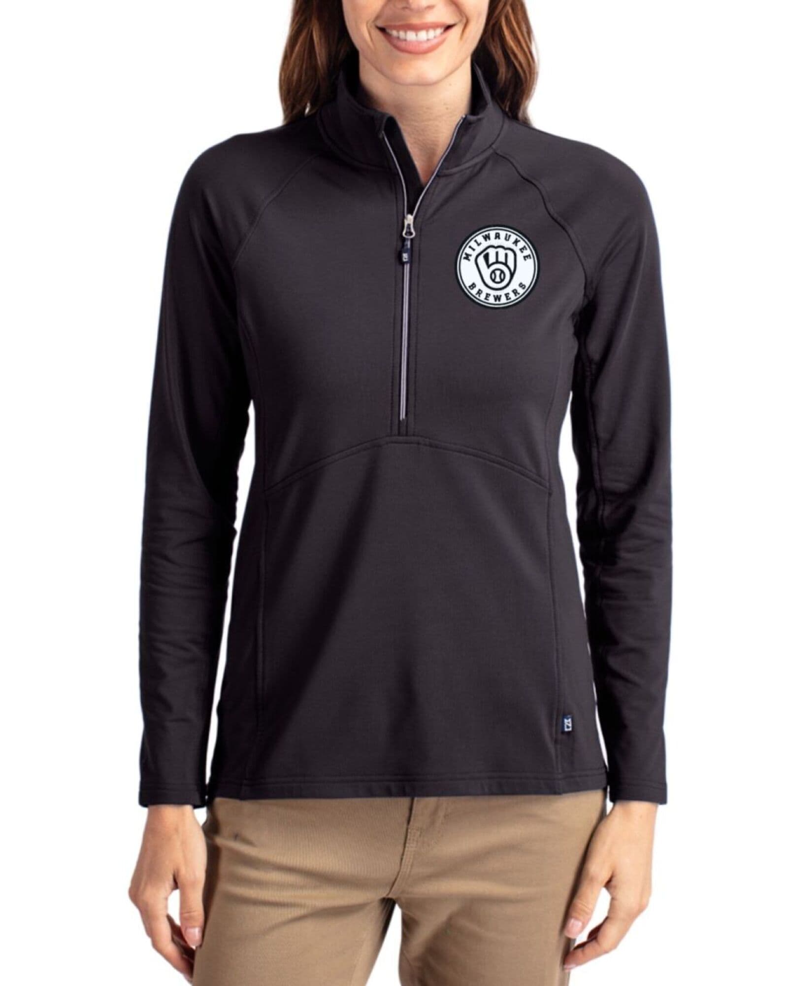 Women's Milwaukee Brewers Cutter & Buck Mono Black Adapt Soft Knit Stretch Half Zip Pullover