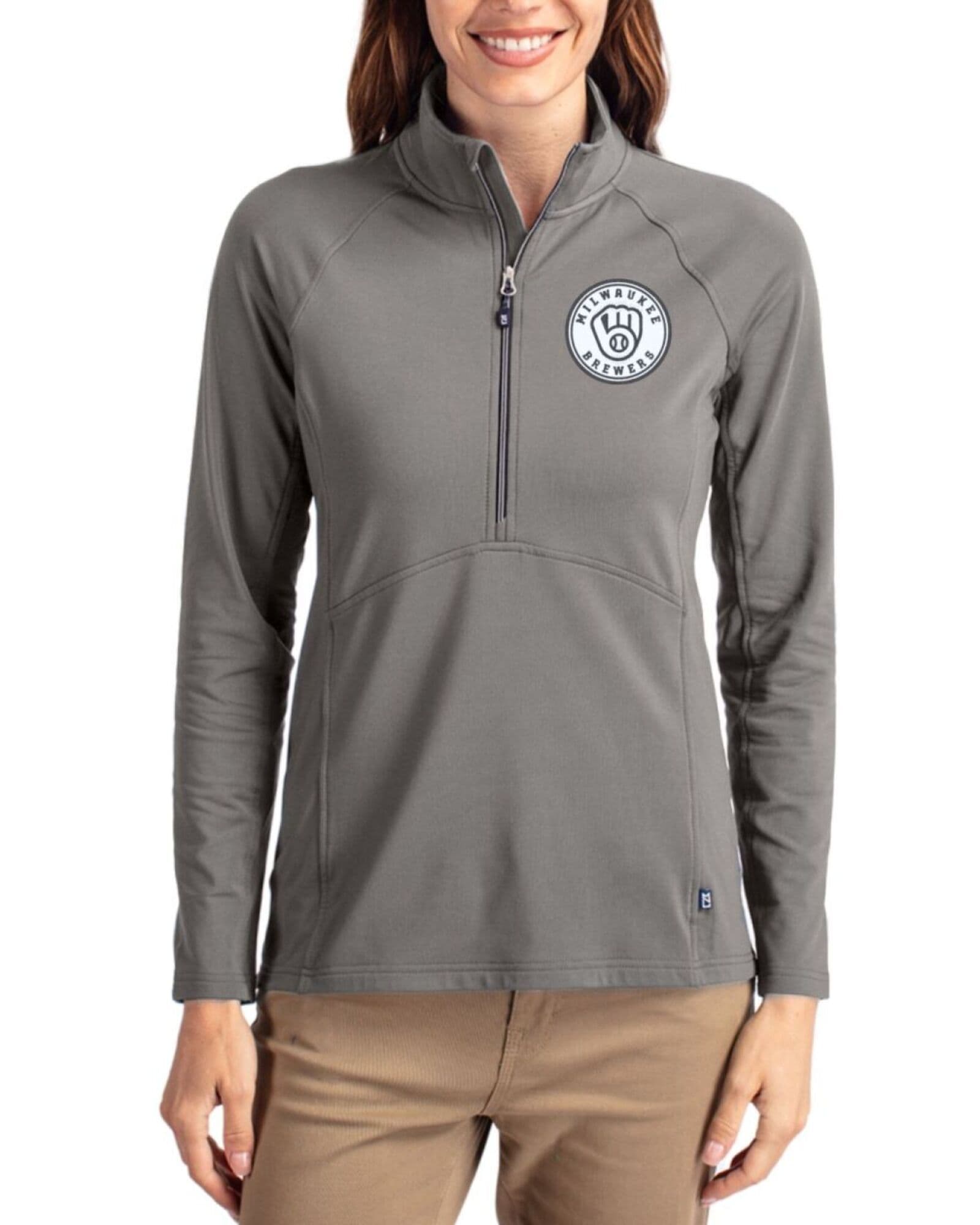 Women's Milwaukee Brewers Cutter & Buck Mono Elemental Grey Adapt Soft Knit Stretch Half Zip Pullover