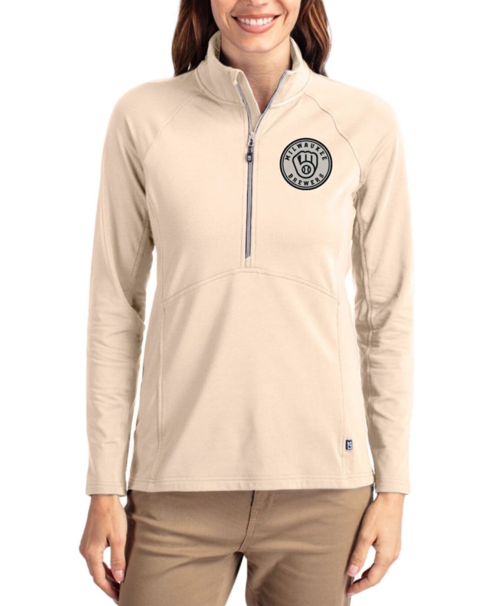 Women's Milwaukee Brewers Cutter & Buck Mono Wheat Adapt Soft Knit Stretch Half Zip Pullover