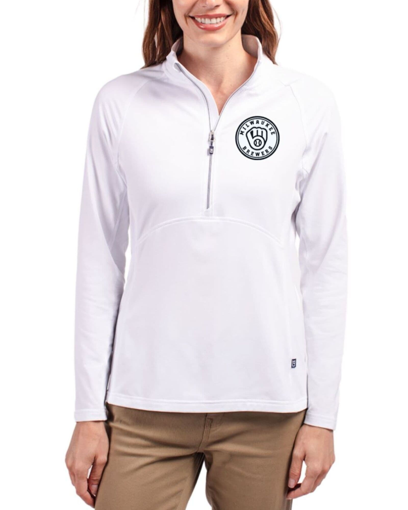 Women's Milwaukee Brewers Cutter & Buck Mono White Adapt Soft Knit Stretch Half Zip Pullover