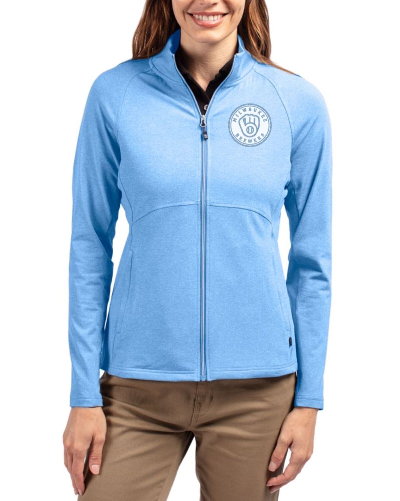 Women's Milwaukee Brewers Cutter & Buck Mono Atlas Heather Adapt Soft Knit Stretch Heathered Full Zip Jacket