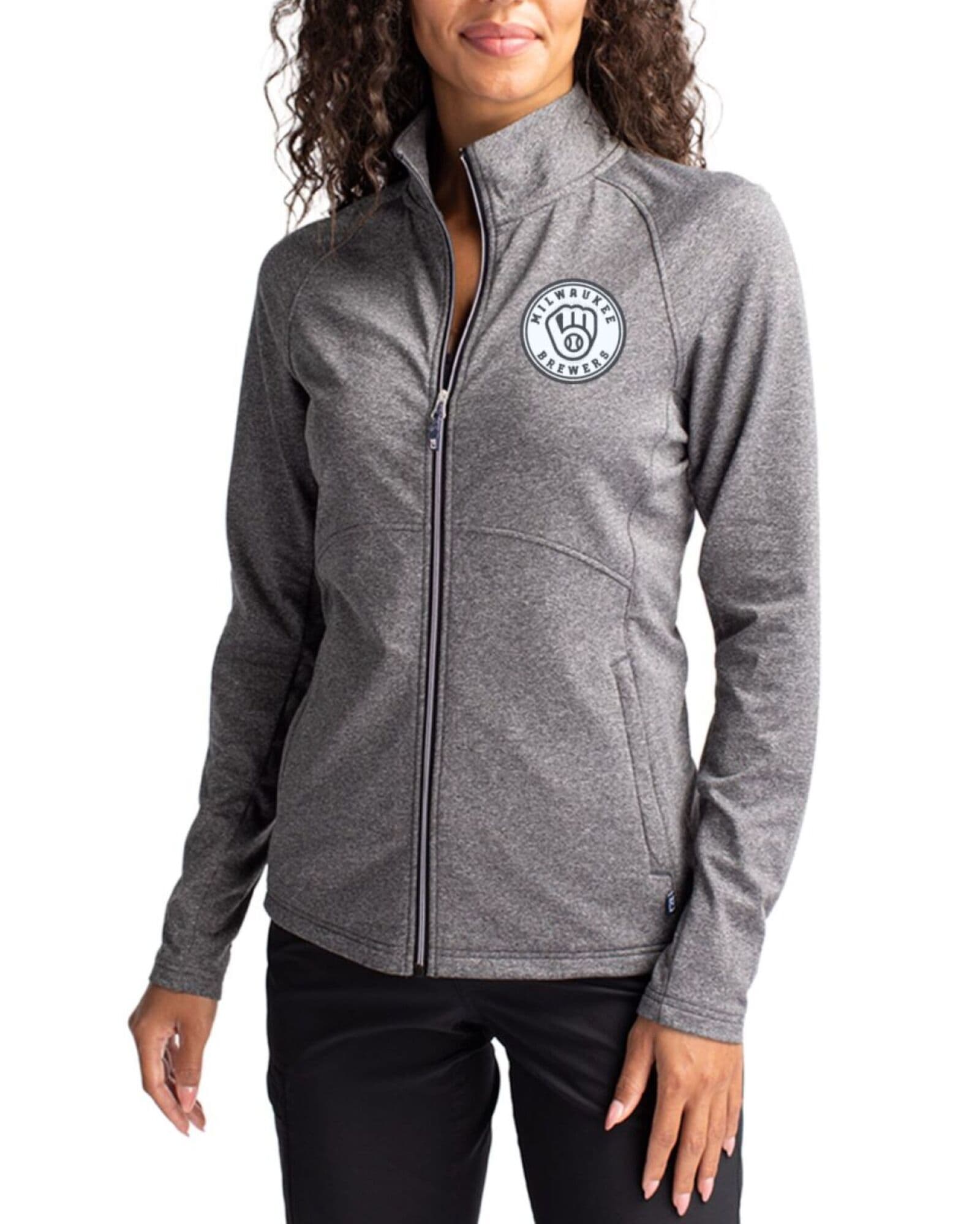 Women's Milwaukee Brewers Cutter & Buck Mono Black Heather Adapt Soft Knit Stretch Heathered Full Zip Jacket