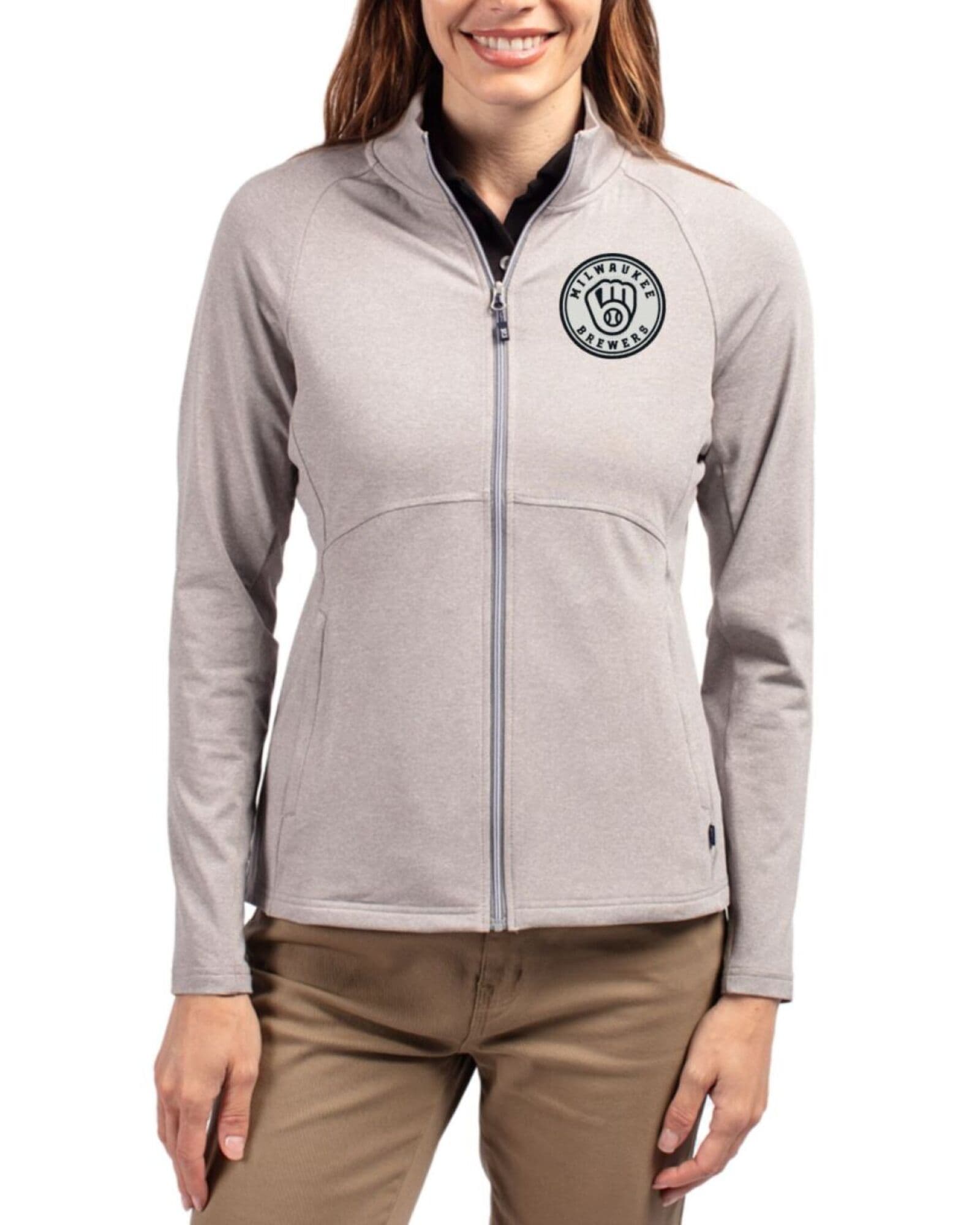 Women's Milwaukee Brewers Cutter & Buck Mono Polished Heather Adapt Soft Knit Stretch Heathered Full Zip Jacket