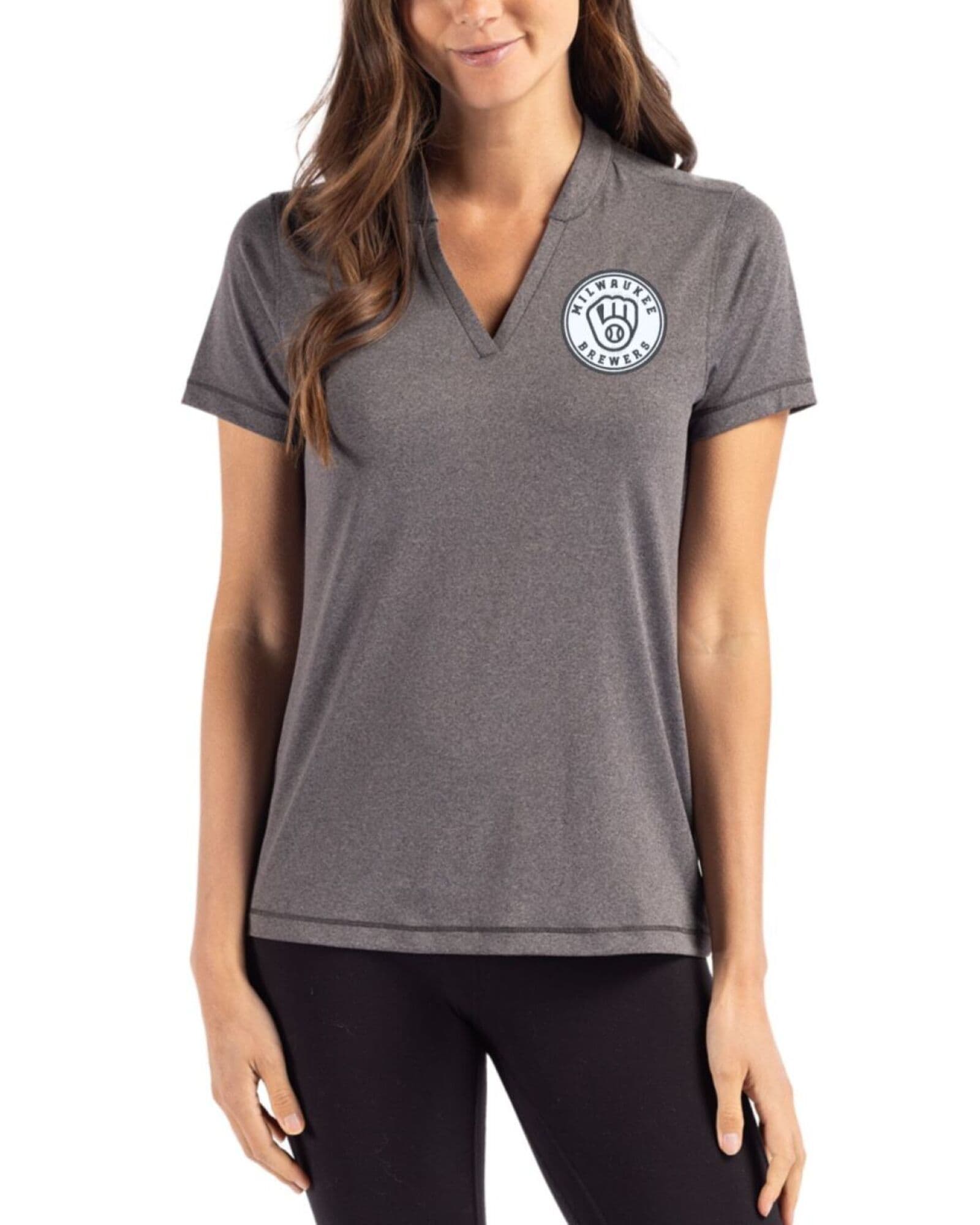Women's Milwaukee Brewers Cutter & Buck Mono Dark Black Heather Forge Four-Way Stretch Heathered Blade Top