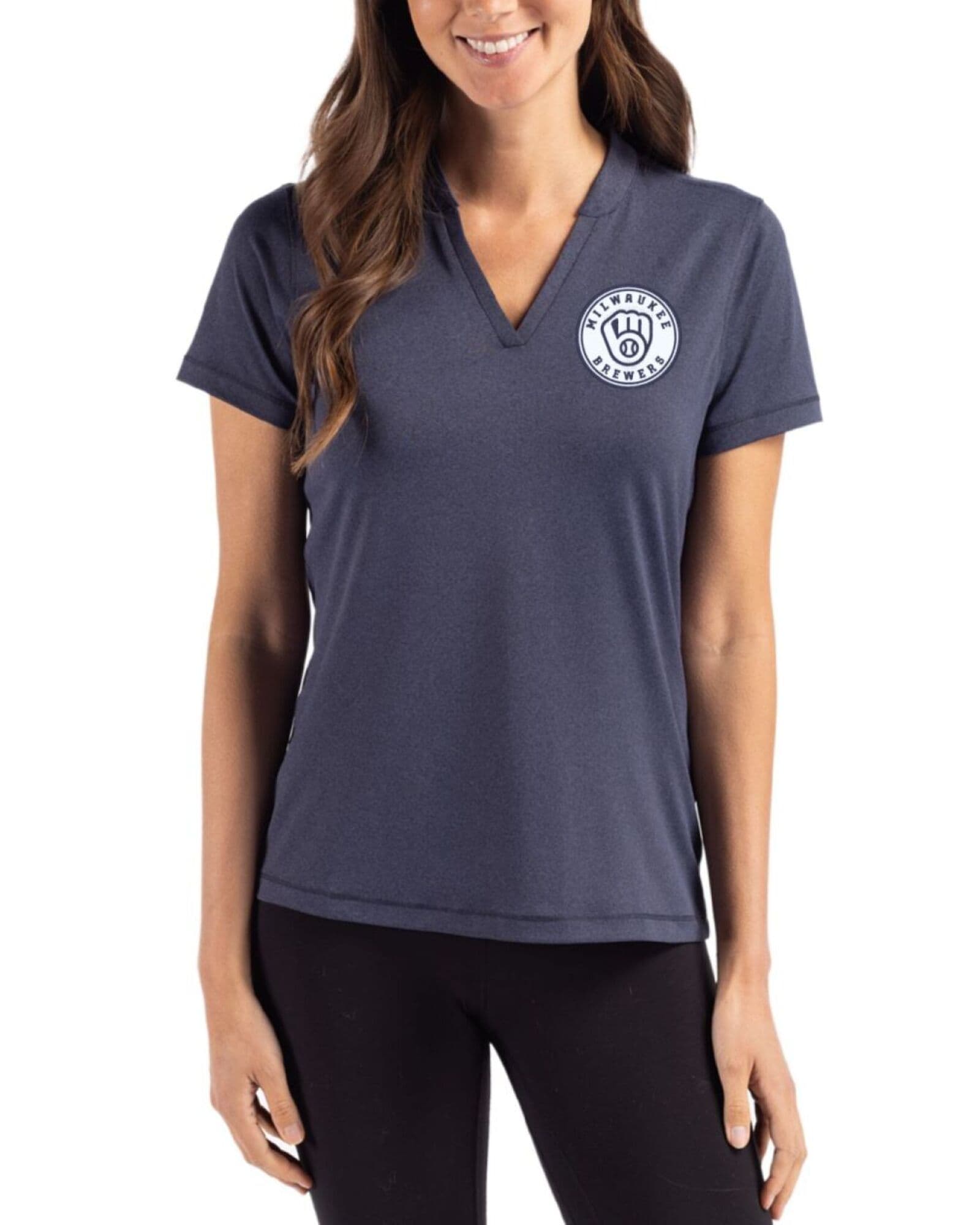 Women's Milwaukee Brewers Cutter & Buck Mono Dark Navy Blue Heather Forge Four-Way Stretch Heathered Blade Top