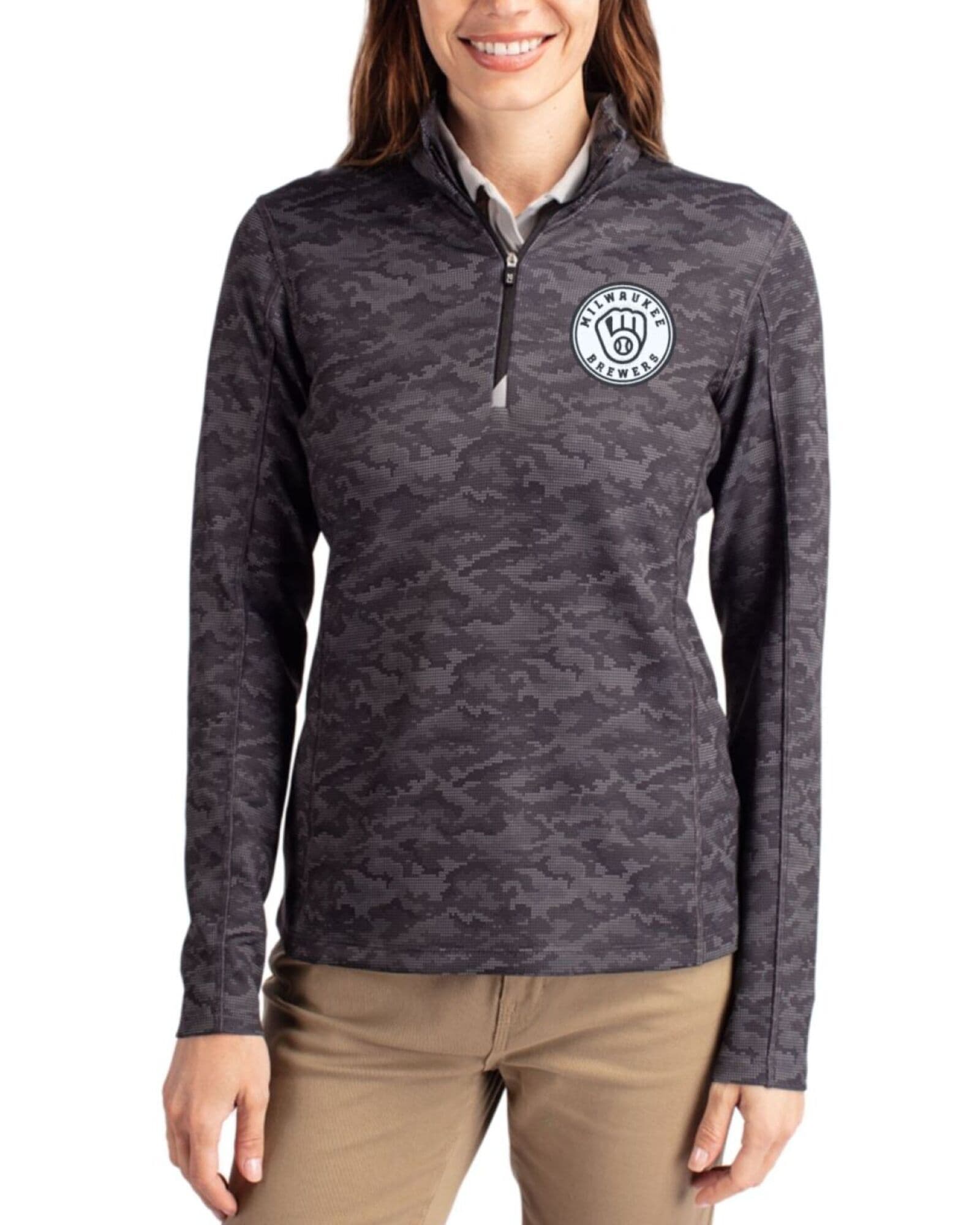 Women's Milwaukee Brewers Cutter & Buck Mono Black Traverse Smooth Stretch Camo Quarter Zip Pullover