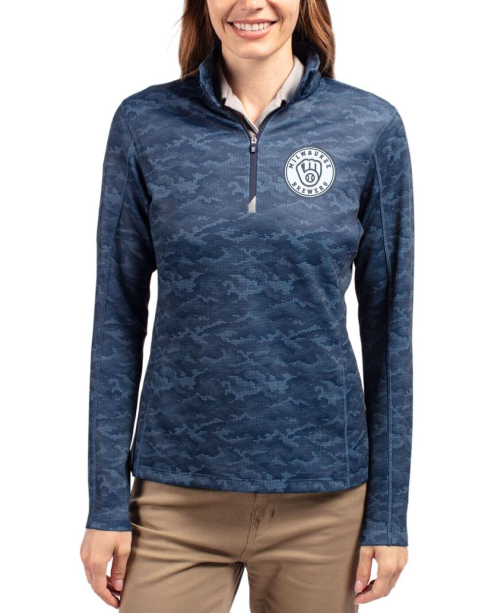 Women's Milwaukee Brewers Cutter & Buck Mono Navy Blue Traverse Smooth Stretch Camo Quarter Zip Pullover