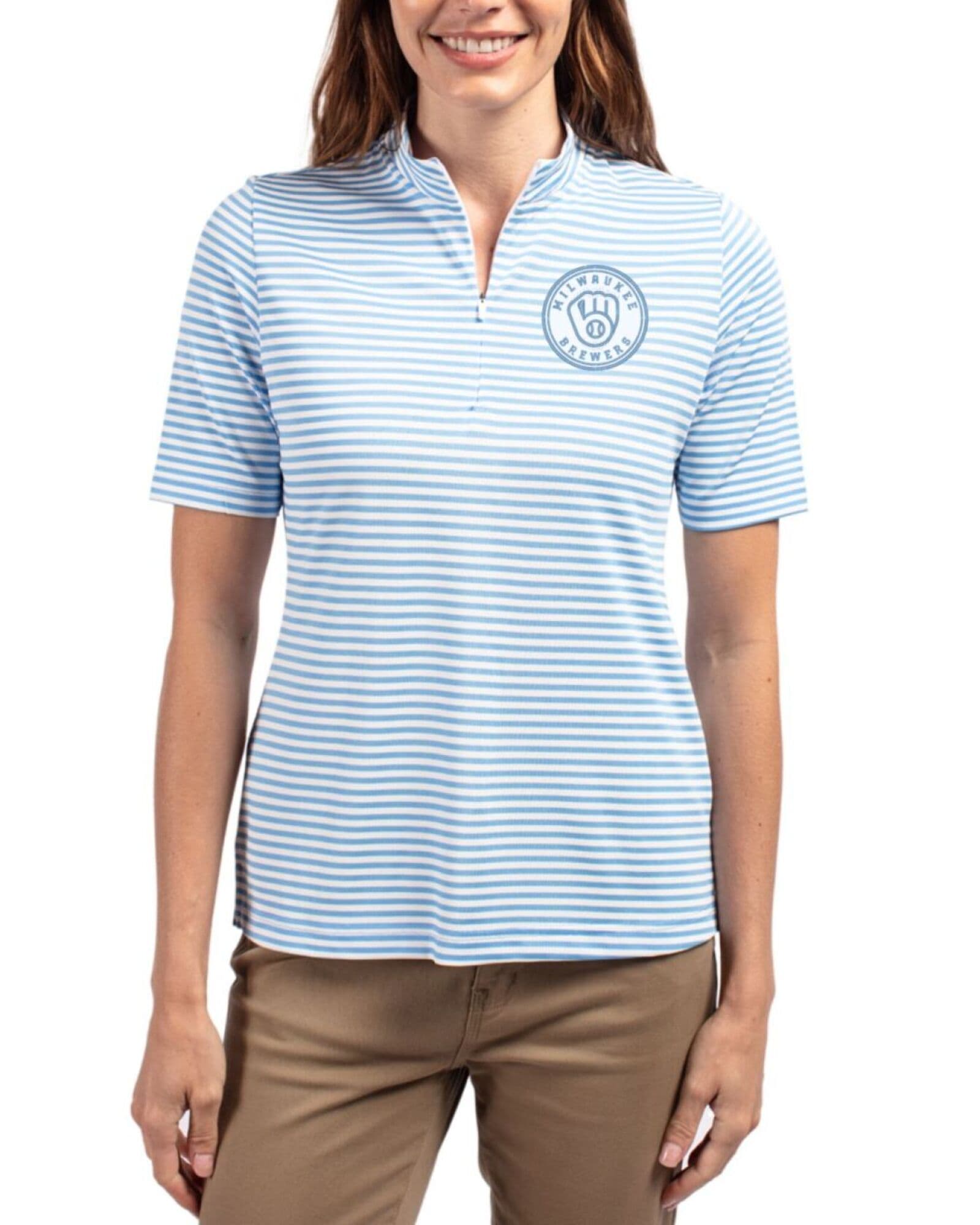 Women's Milwaukee Brewers Cutter & Buck Mono Atlas Virtue Stripe Featherlight Pique Half Zip