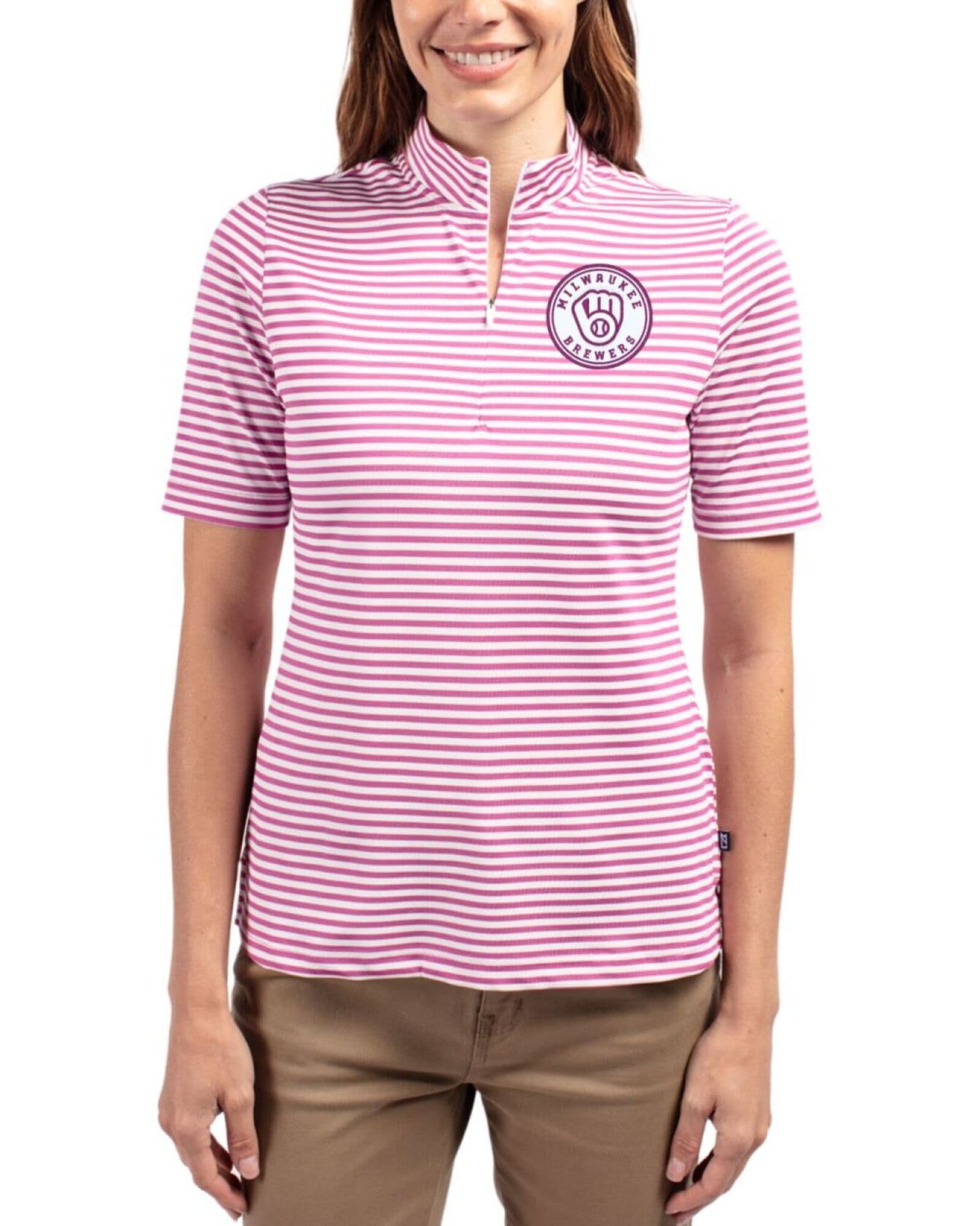 Women's Milwaukee Brewers Cutter & Buck Mono Gelato Virtue Stripe Featherlight Pique Half Zip