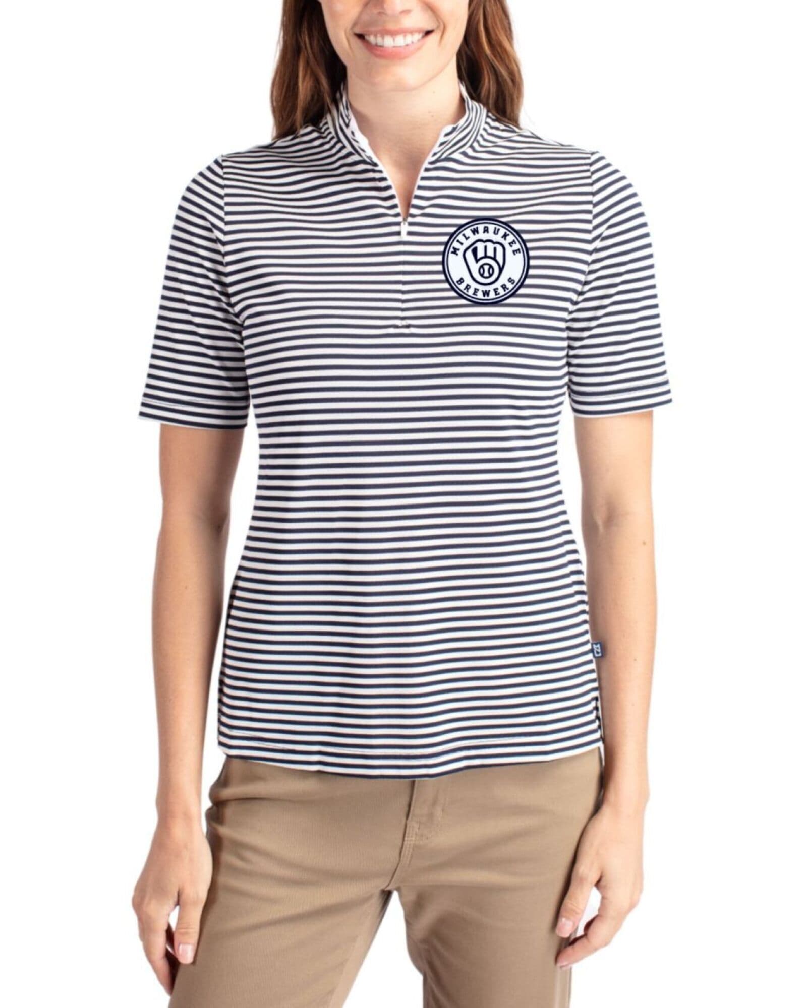 Women's Milwaukee Brewers Cutter & Buck Mono Navy Blue Virtue Stripe Featherlight Pique Half Zip